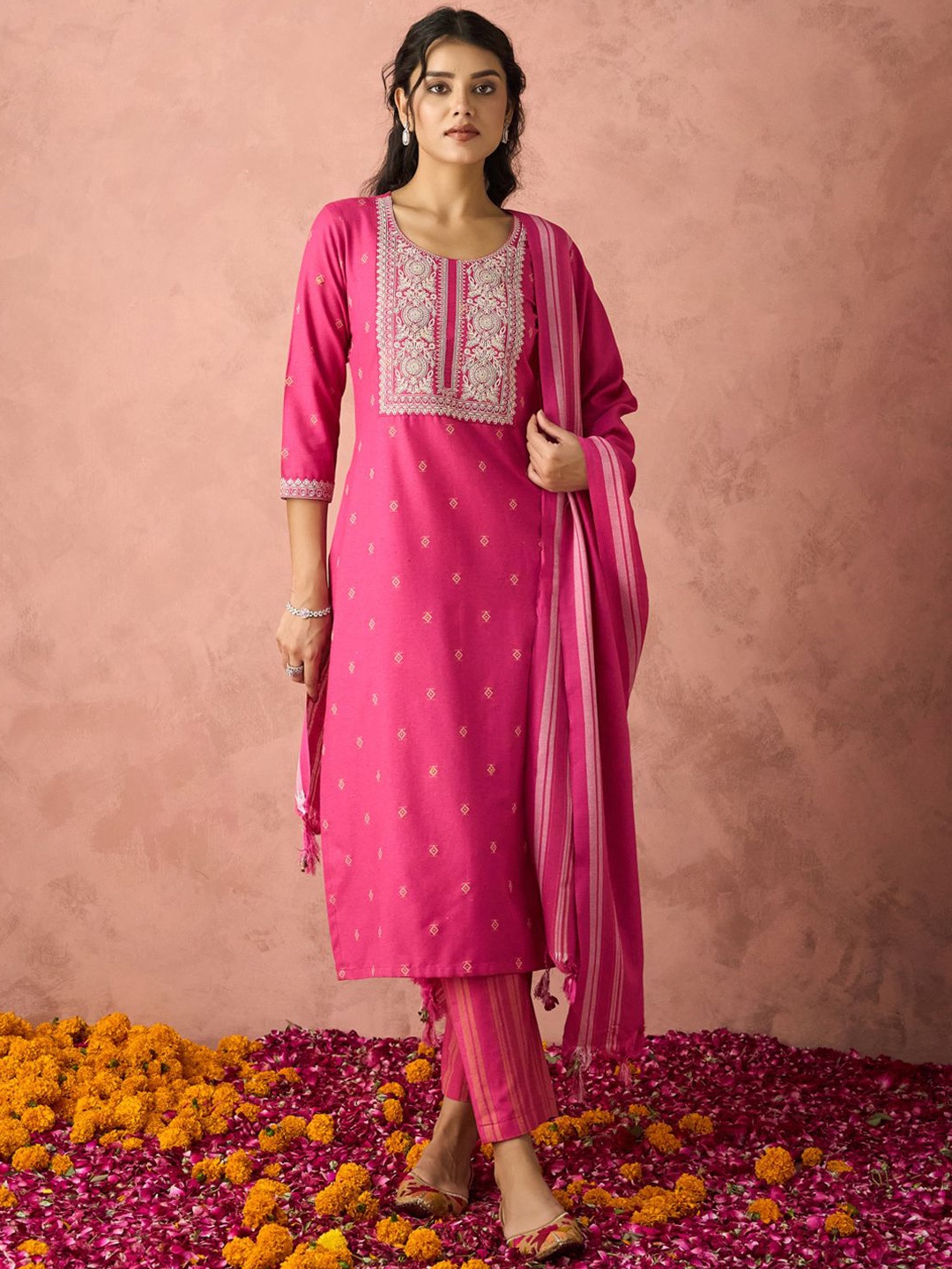 

HRITIKA Woven Design Straight Kurta With Trousers And Dupatta, Pink