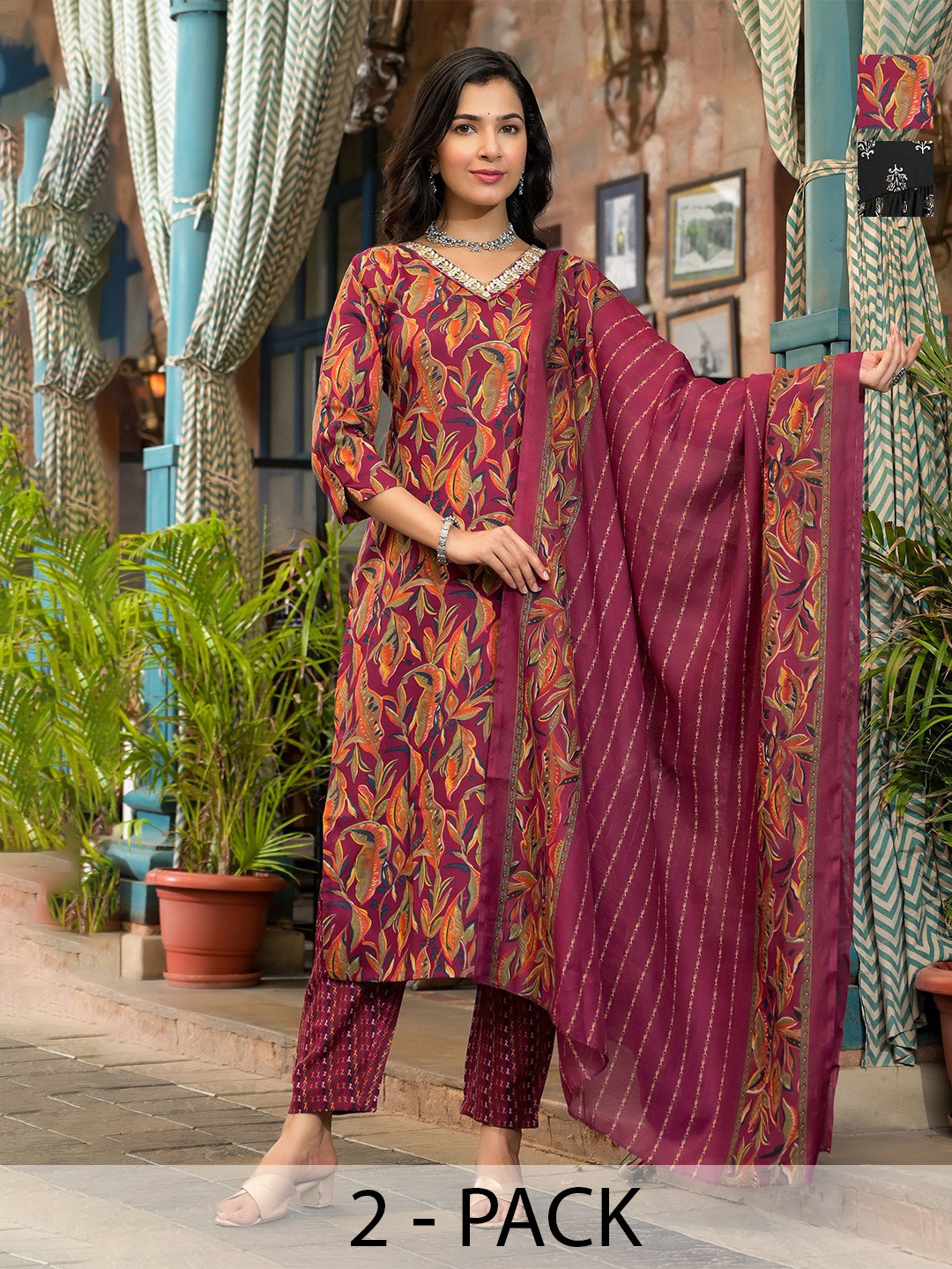 

KALINI Floral Printed Zari V-Neck Straight Kurta With Trousers And Dupatta, Maroon