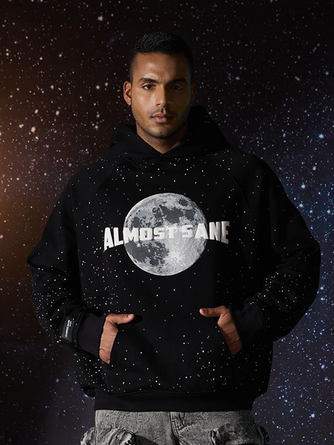 

ALMOST SANE Unisex Printed Hooded Pullover Sweatshirt, Black