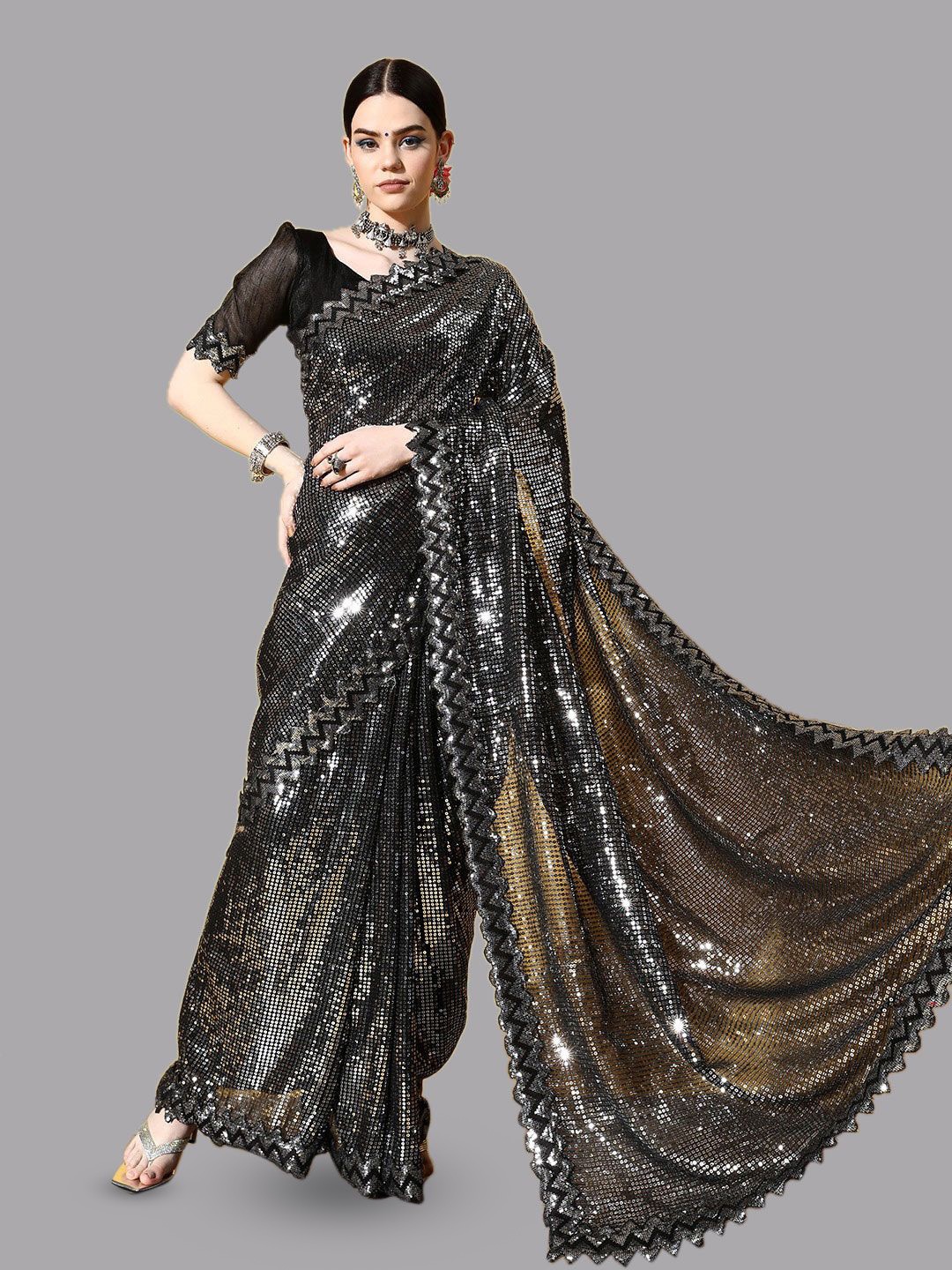 

KSM PRINTS Embellished Sequinned Party Saree, Black