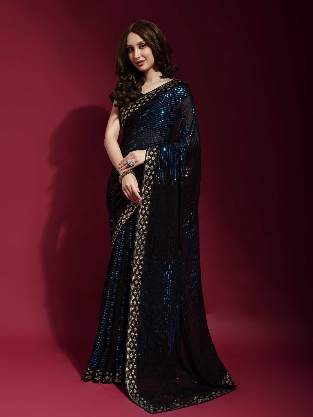 

KSM PRINTS Embellished Sequinned Party Saree, Blue
