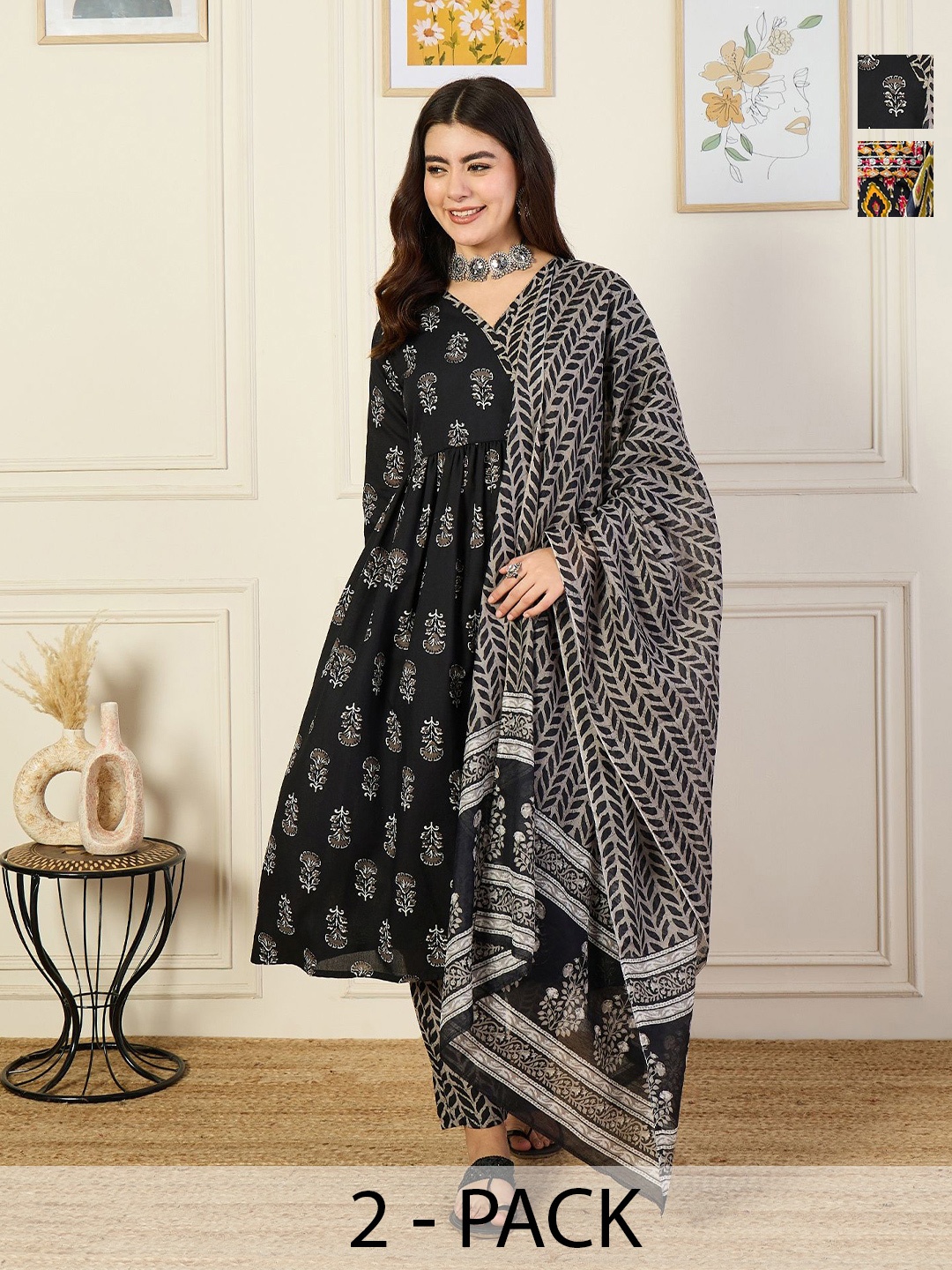 KALINI Selection Of 2 Floral Printed Angrakha Kurta With Trousers And Dupatta, Black