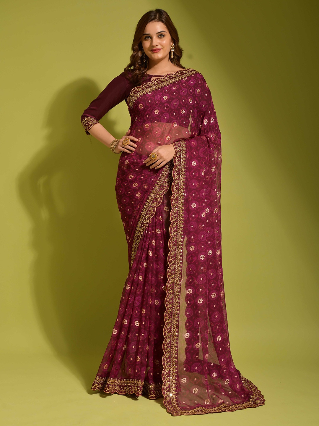 

KSM PRINTS Bandhani Printed Embroidered Saree, Maroon