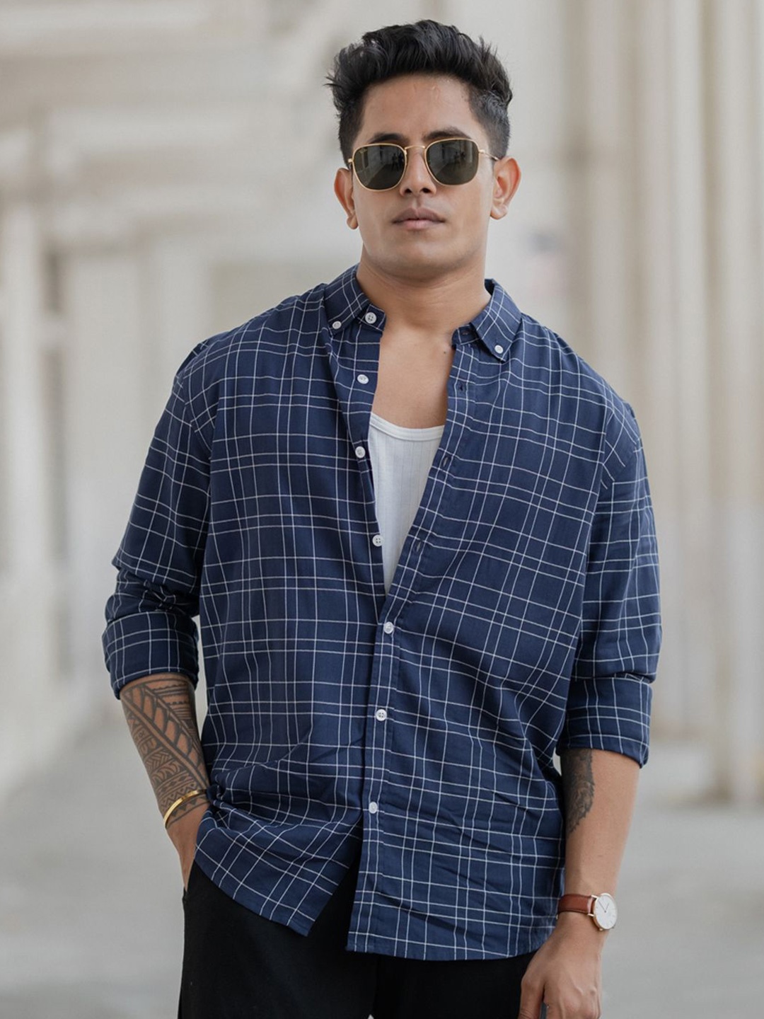 

Powerlook Men Button-Down Collar Tartan Checked Cotton Casual Shirt, Navy blue
