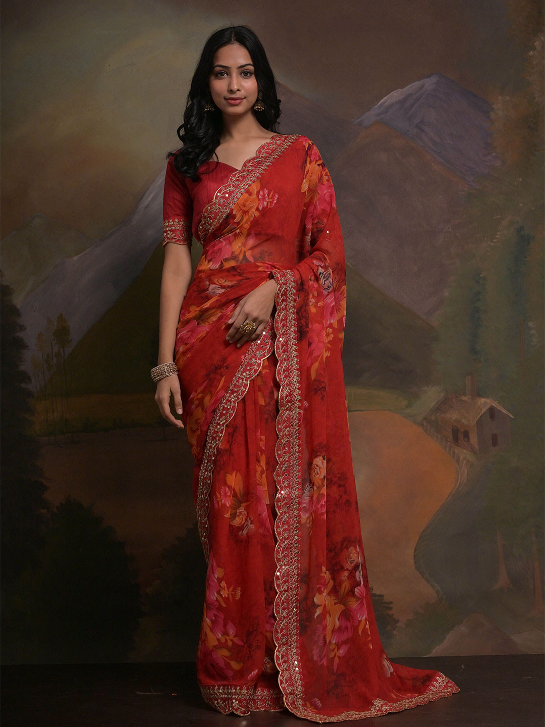 

KSM PRINTS Floral Printed Embroidered Saree, Red