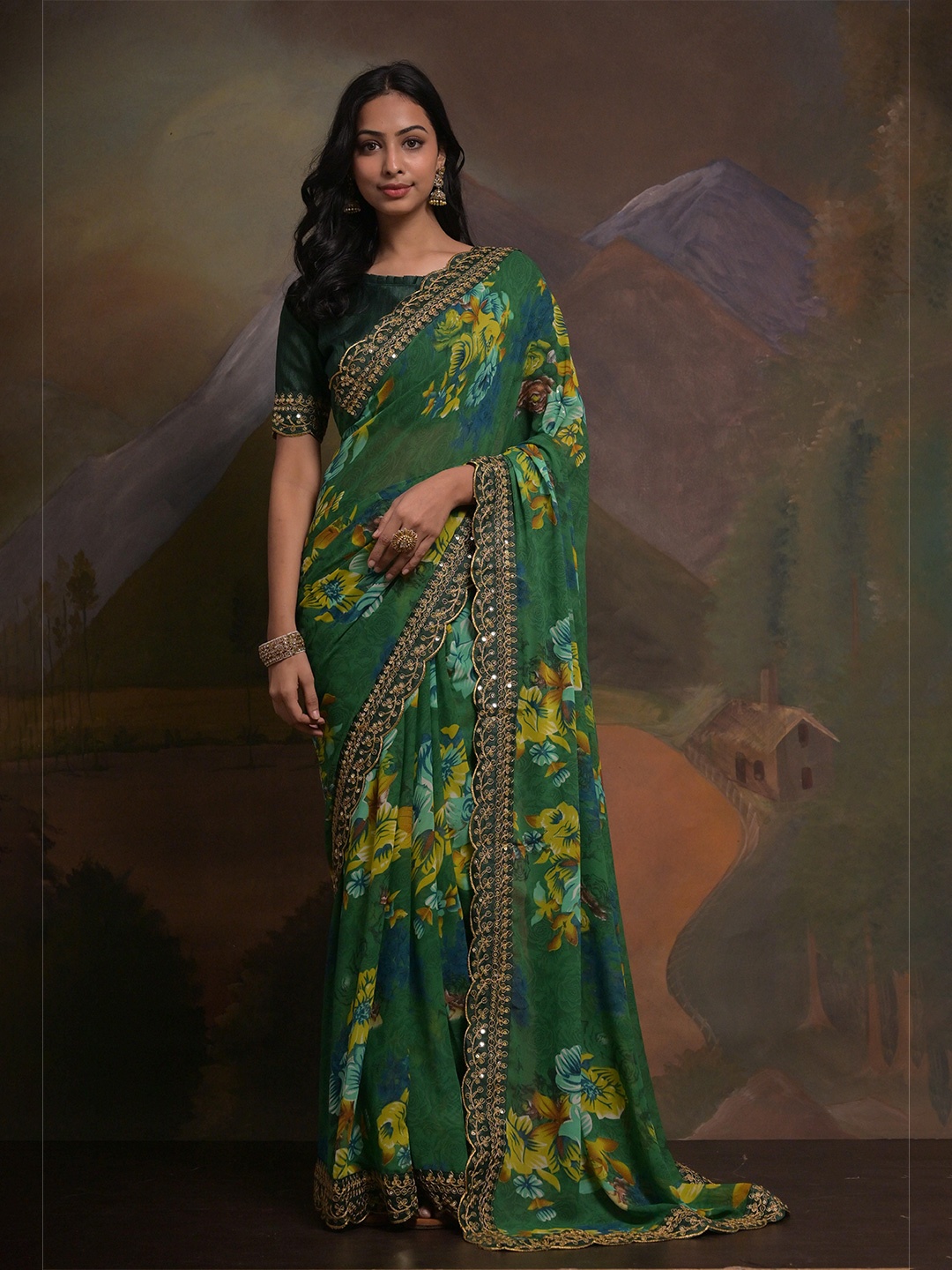 

KSM PRINTS Floral Printed Embroidered Saree, Green