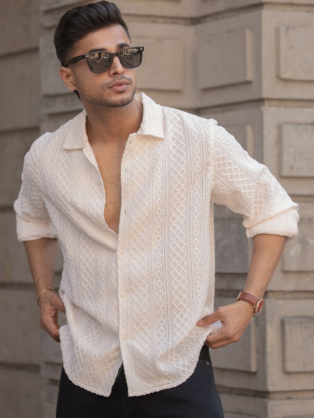 

Powerlook Men Spread Collar Textured Casual Shirt, Off white