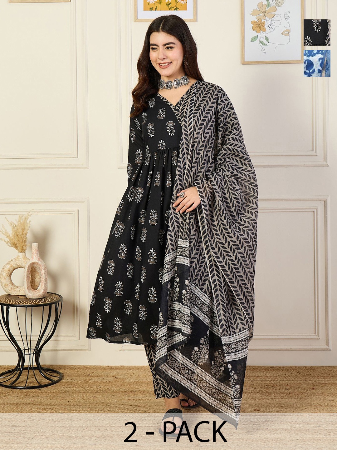 KALINI Selection Of 2 Floral Printed Anarkali Kurta With Trousers And Dupatta, Blue