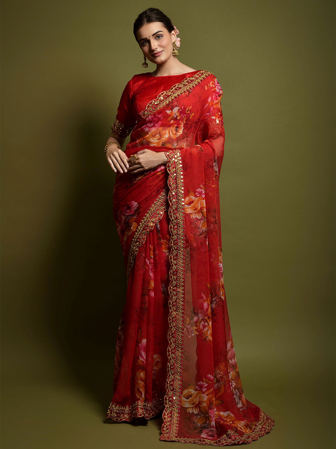 

KSM PRINTS Floral Printed Embroidered Saree, Red