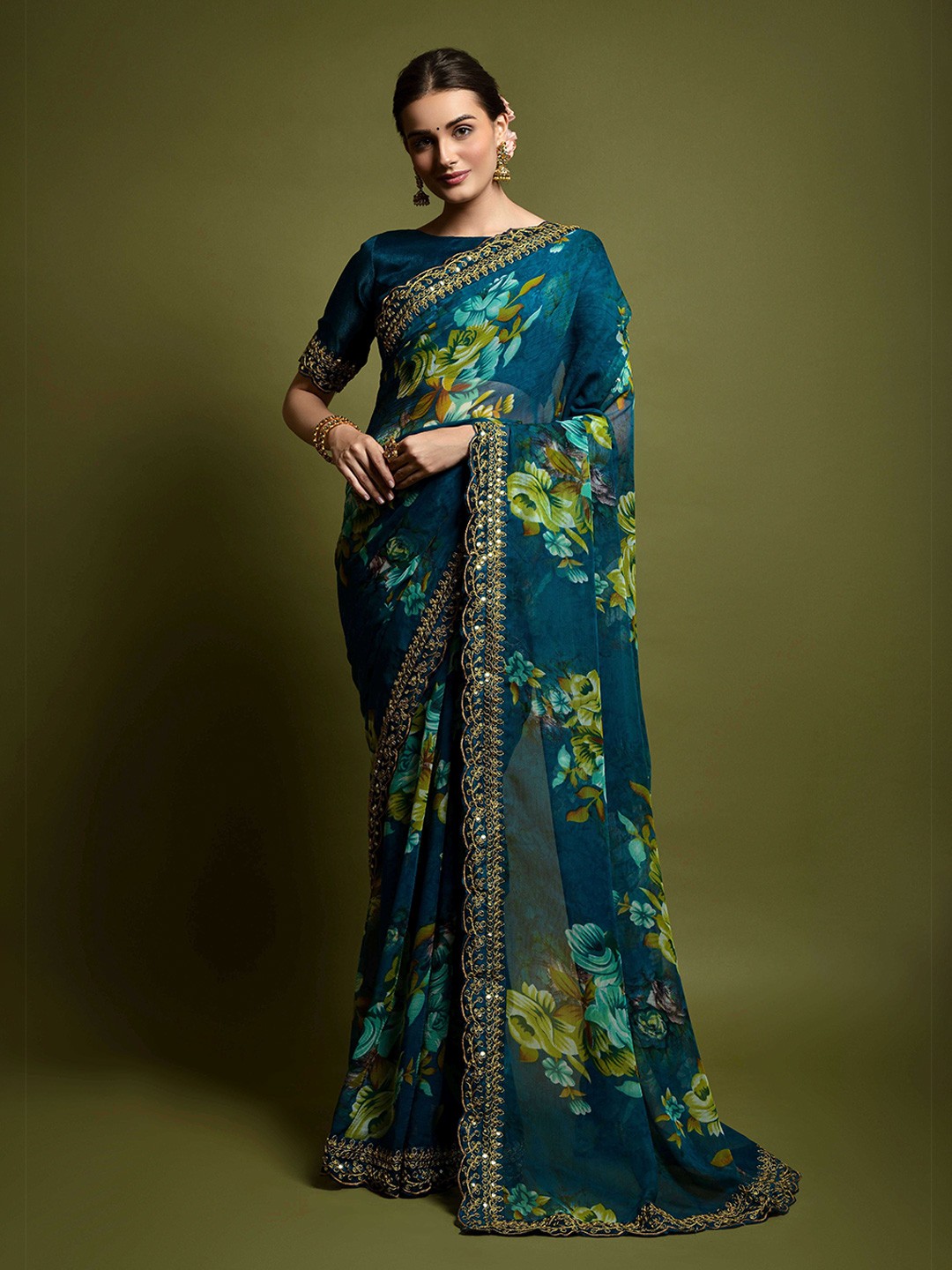 

KSM PRINTS Floral Printed Embroidered Saree, Teal