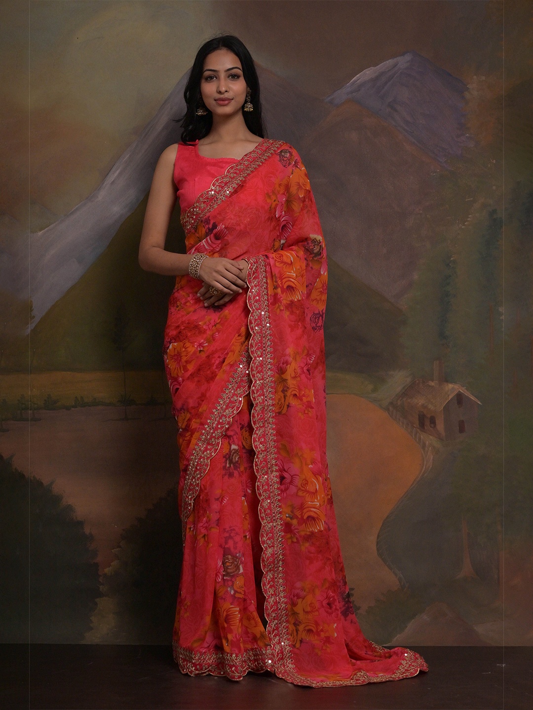 

KSM PRINTS Floral Printed Embroidered Saree, Pink