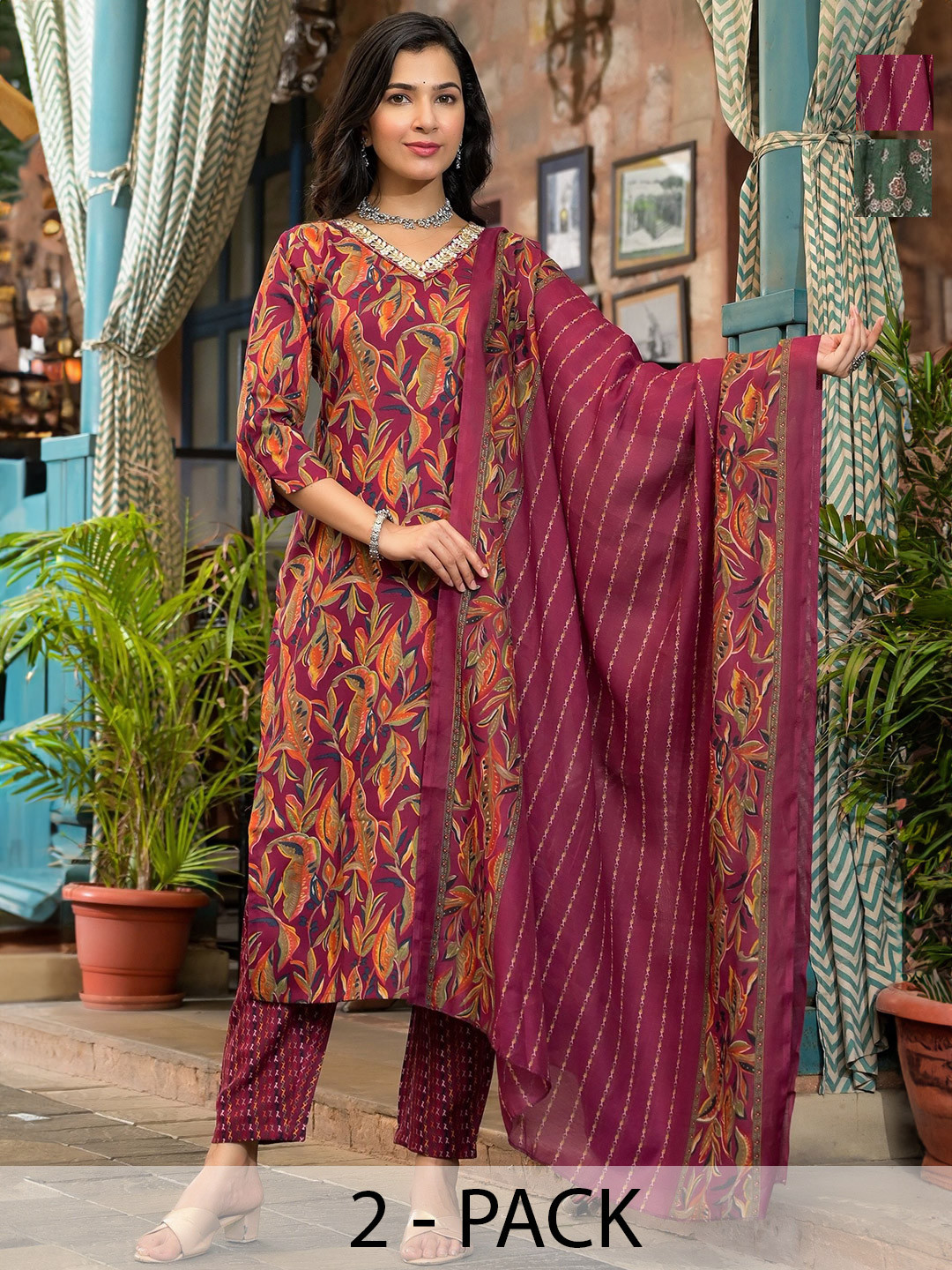 

KALINI Selection of 2 Floral Printed Pleated Anarkali Kurta With Trouser And Dupatta, Green