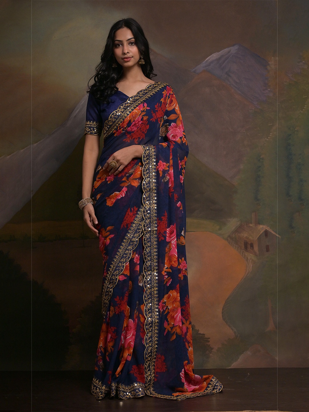 

KSM PRINTS Floral Printed Embroidered Saree, Blue