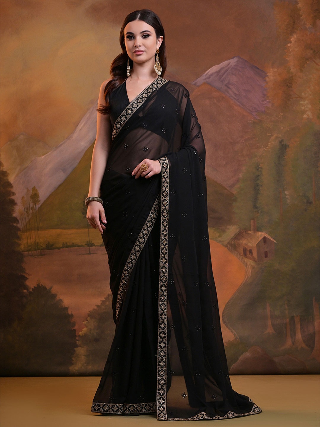 

KSM PRINTS Women Embellished Embroidered Saree, Black