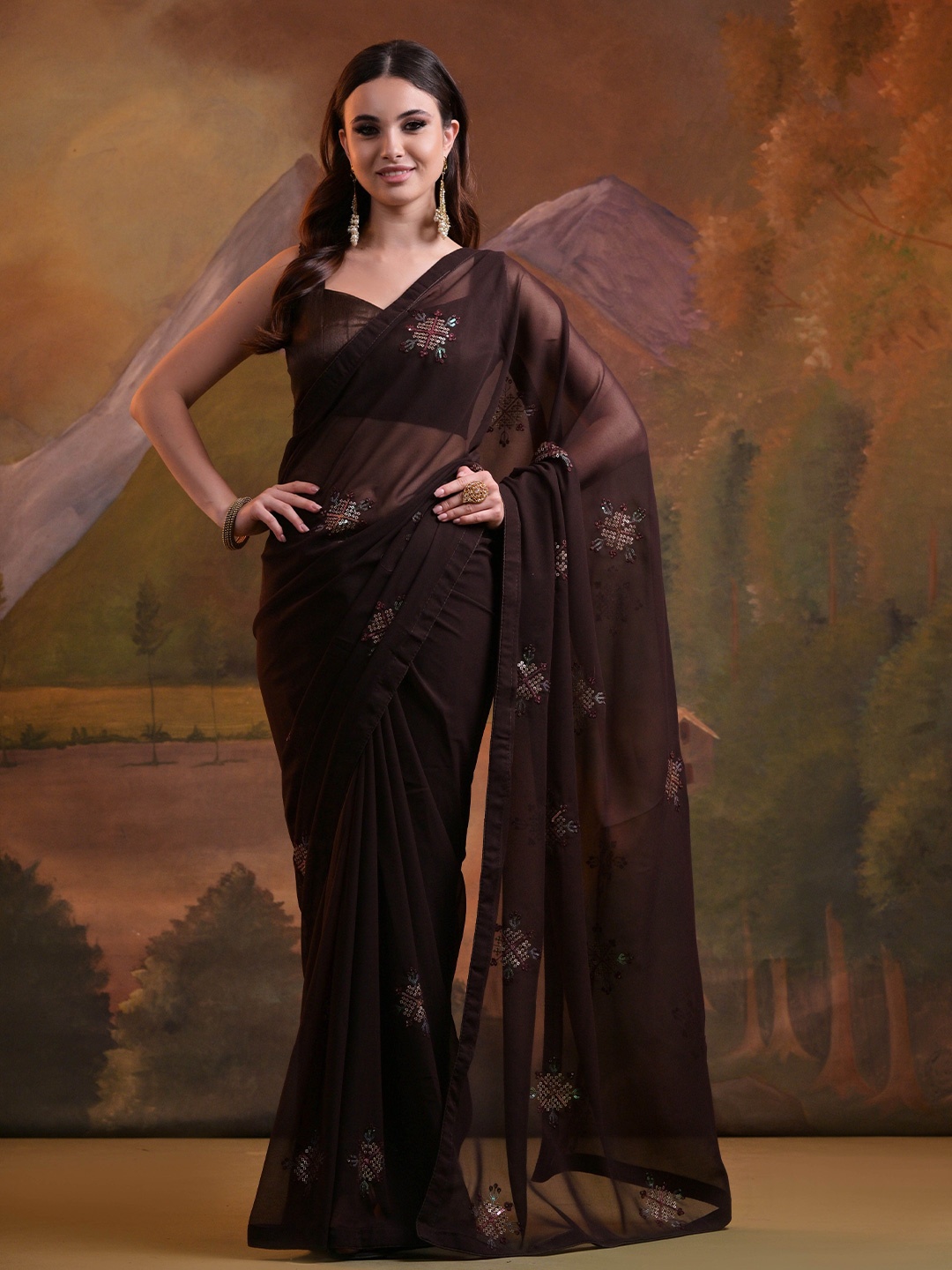 

KSM PRINTS Embellished Sequinned Party Wear Saree, Brown