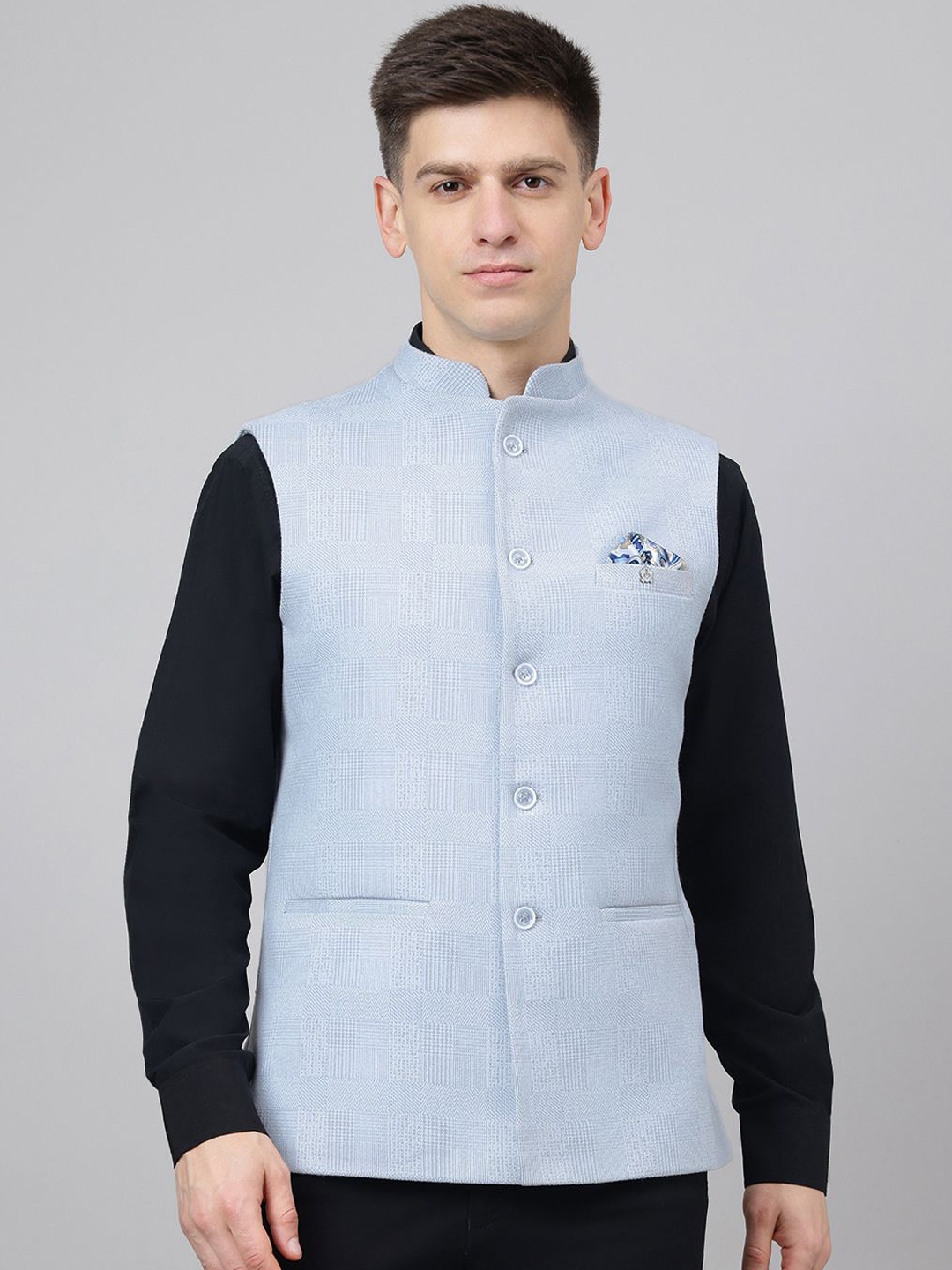 

Richlook Men Checked Woven Nehru Jacket, Blue