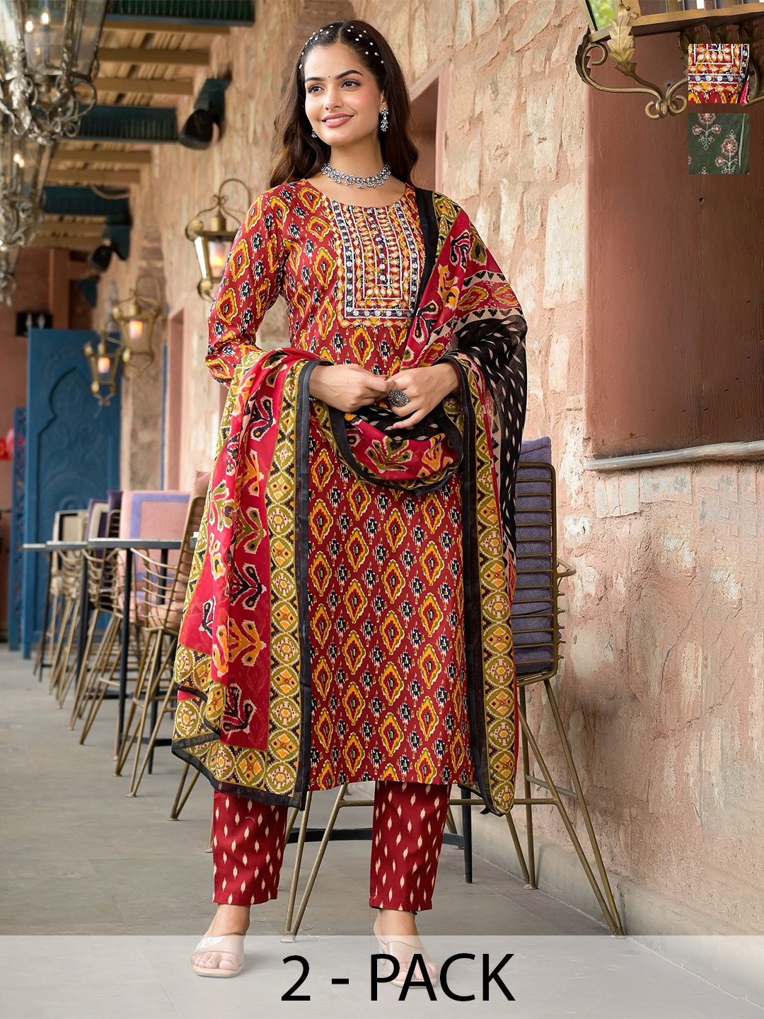 KALINI Selection Of 2 Ethnic Motif Straight Kurtas With Trousers And Dupattas, Red