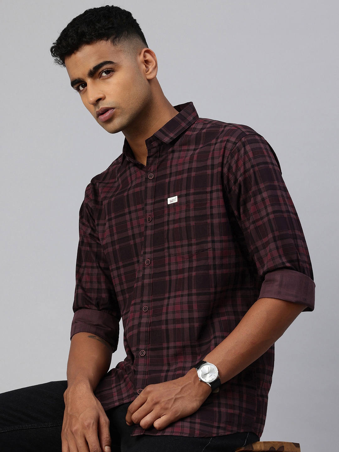 

Majestic Man Regular Fit Checked Pure Cotton Casual Shirt, Burgundy