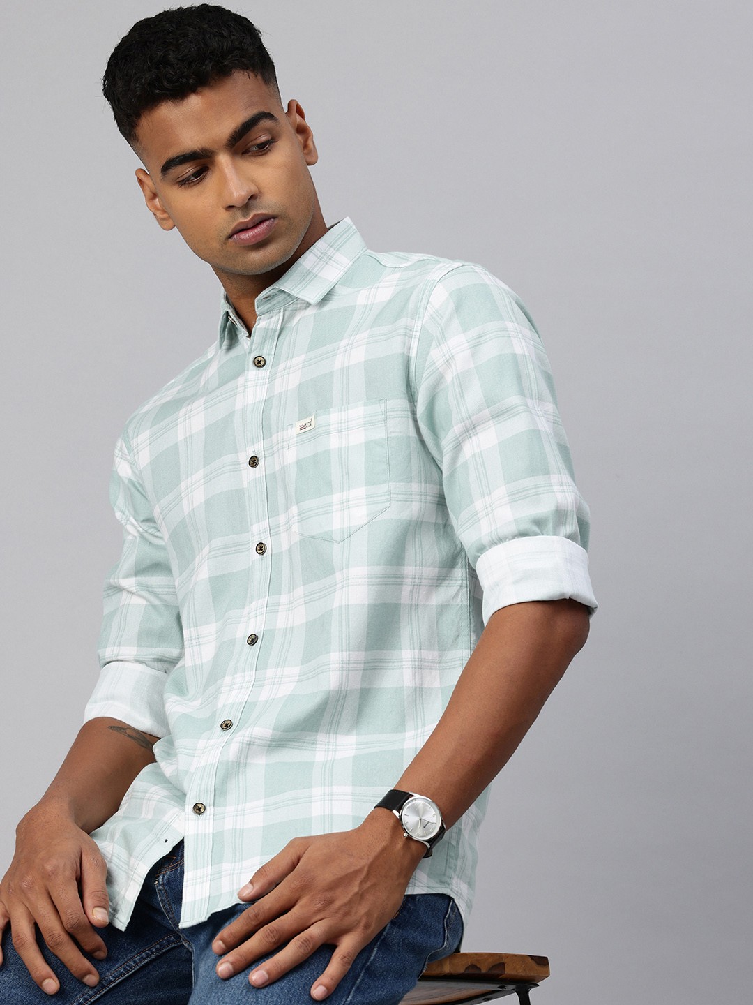 

Majestic Man Regular Fit Checked Pure Cotton Casual Shirt, Green
