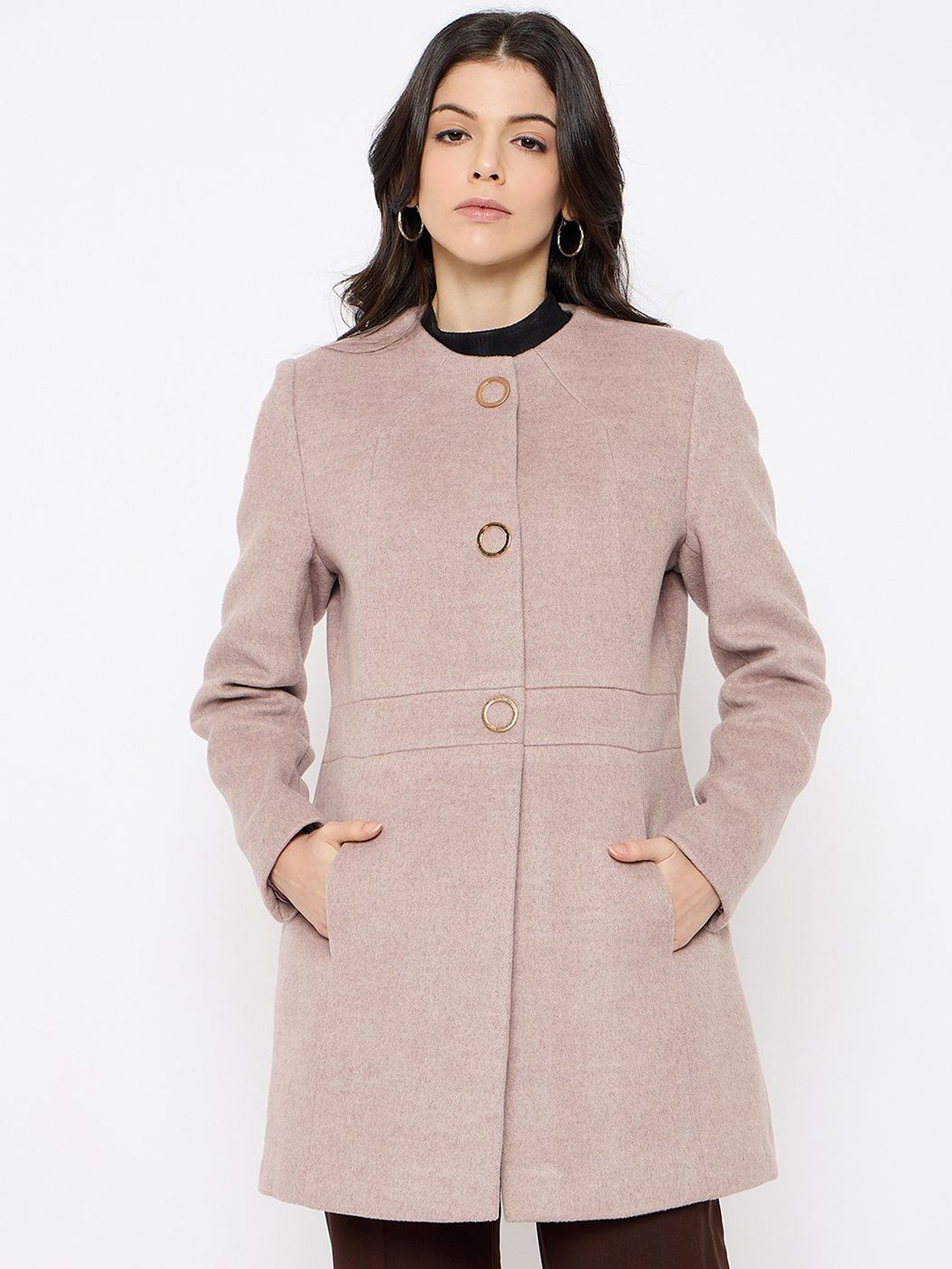 

Duke Women Round Neck Single-Breasted Hip Length Overcoat, Pink