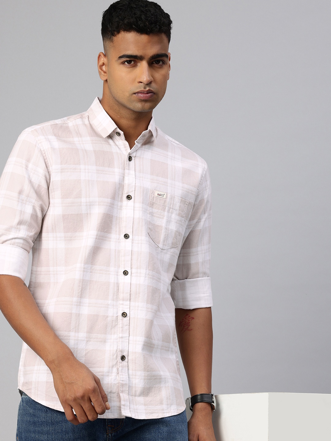 

Majestic Man Pure Cotton Comfort Slim Fit Tartan Checked Casual Shirt, Beige