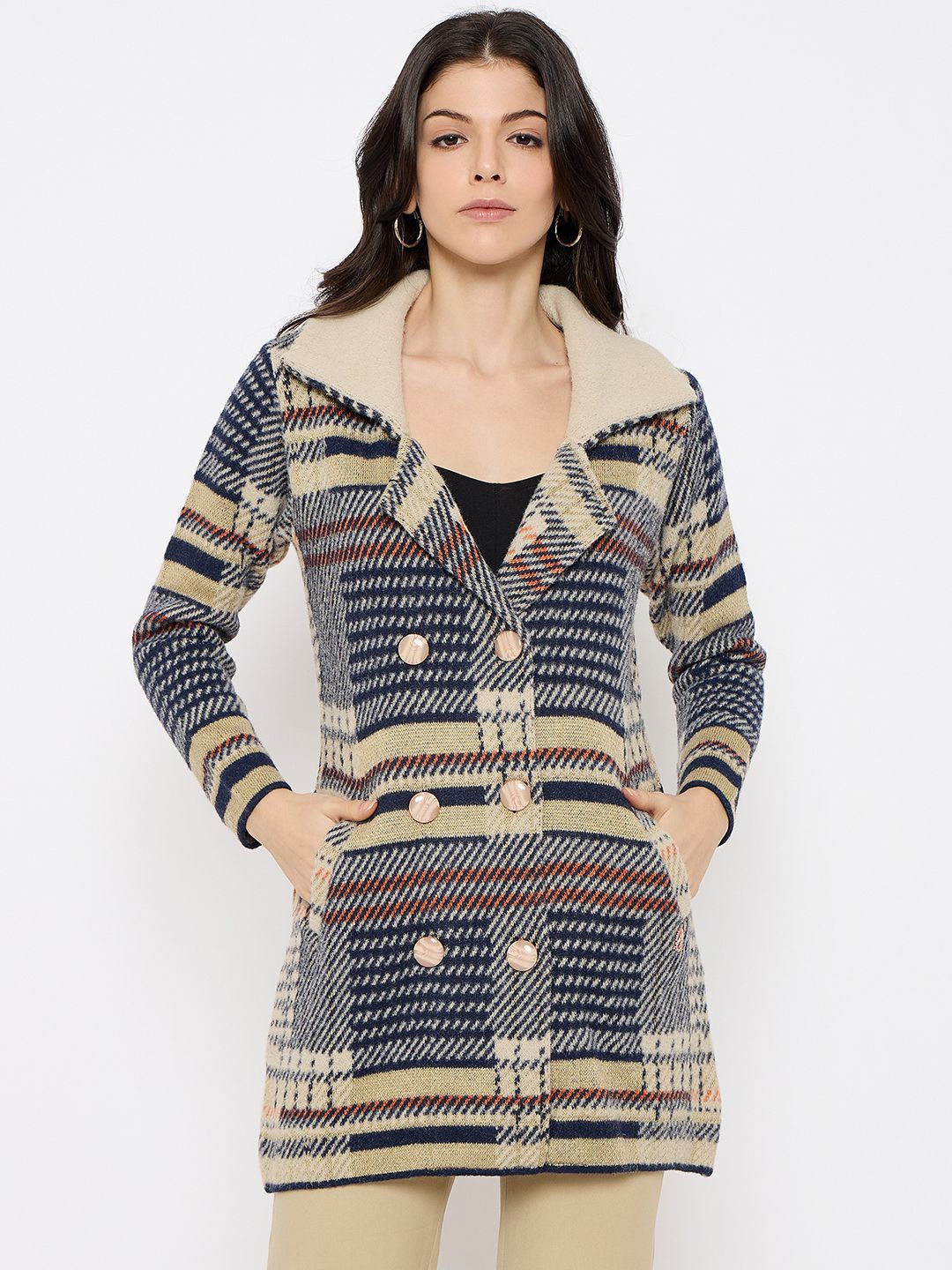 

Duke Women Self Designed Double Breasted Woolen Overcoat, Blue