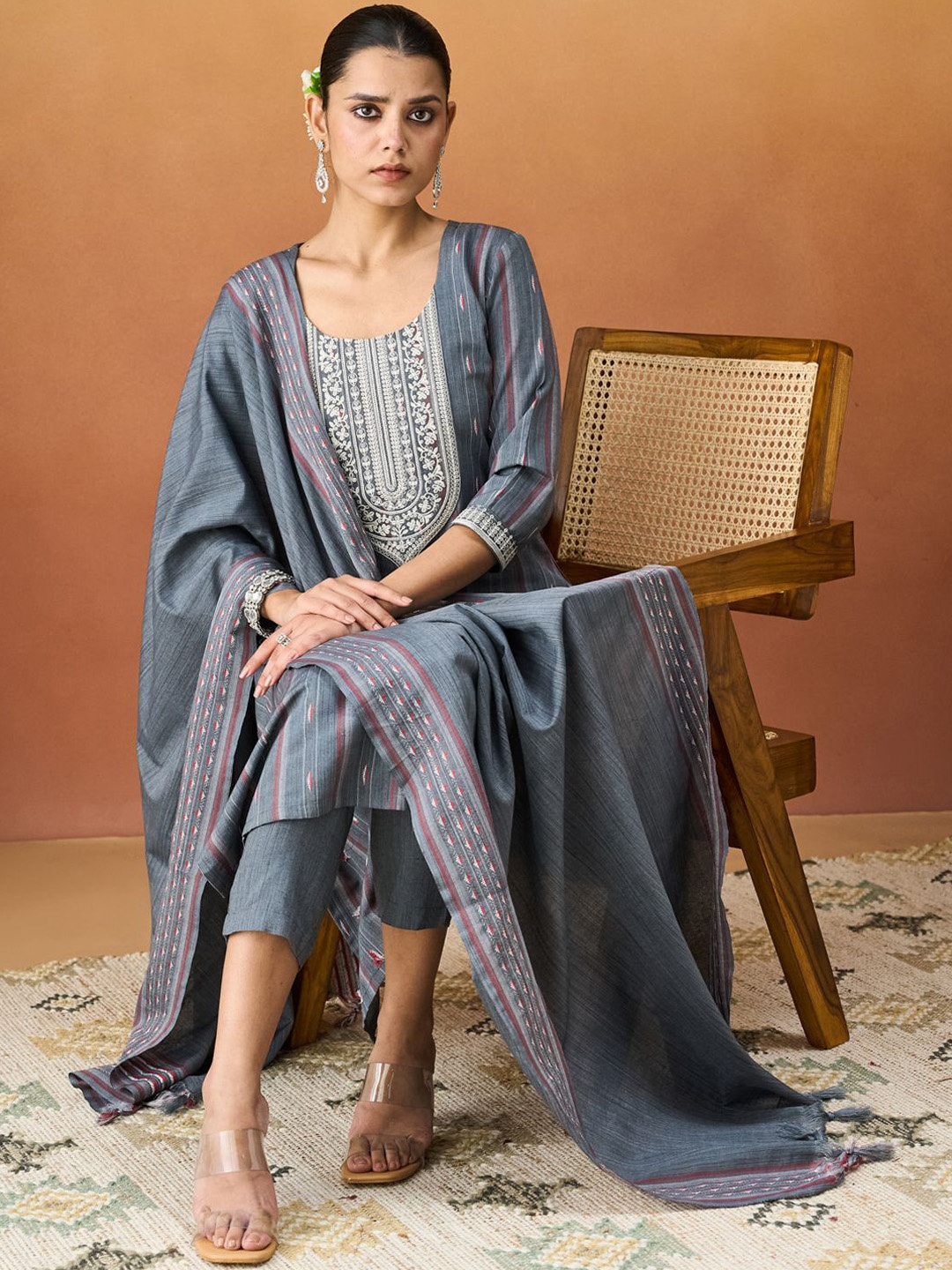 

KALINI Ethnic Motifs Embroidered Straight Kurta With Trousers And Dupatta, Grey