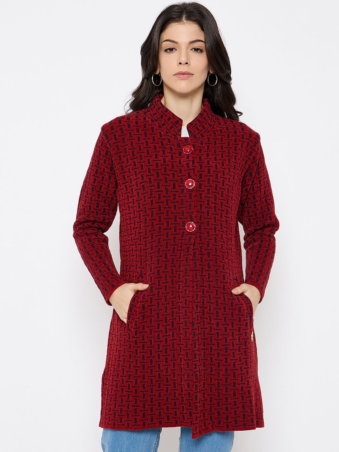 

Duke Women Self Designed Single Breasted Woolen Overcoat, Red