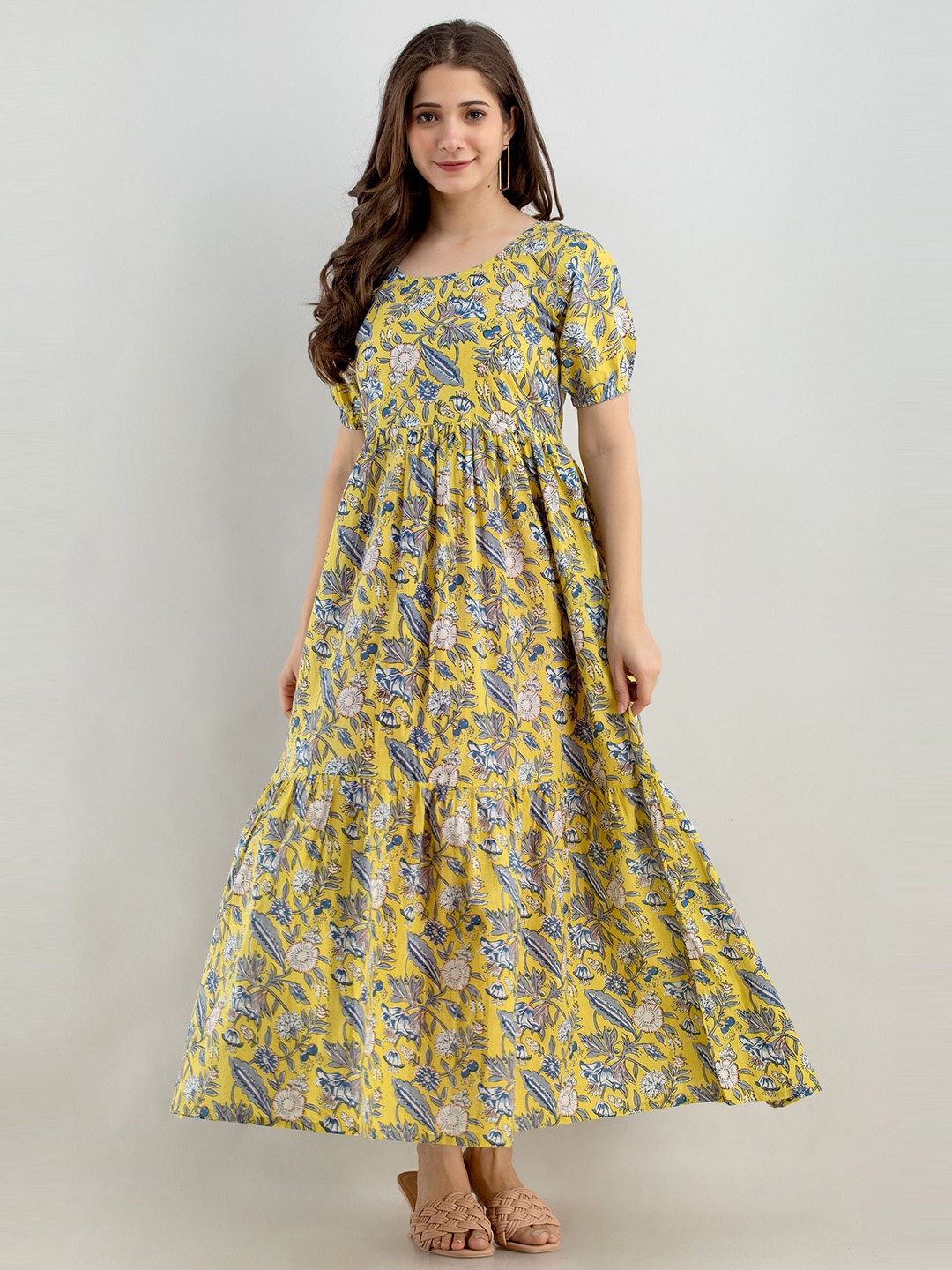

SHOPAXIS Women Floral Printed Puff Sleeve Pure Cotton Fit & Flare Maxi Dress, Yellow