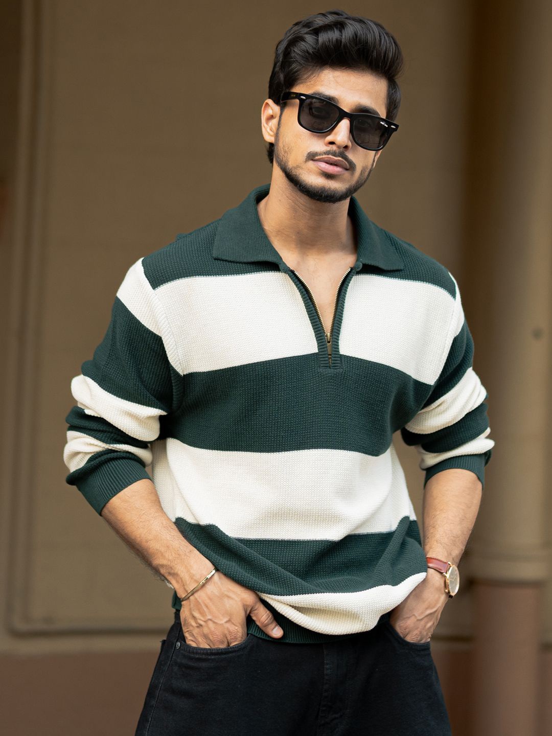 

Powerlook Men Striped Polo Collar Cotton Relaxed Fit T-shirt, Green
