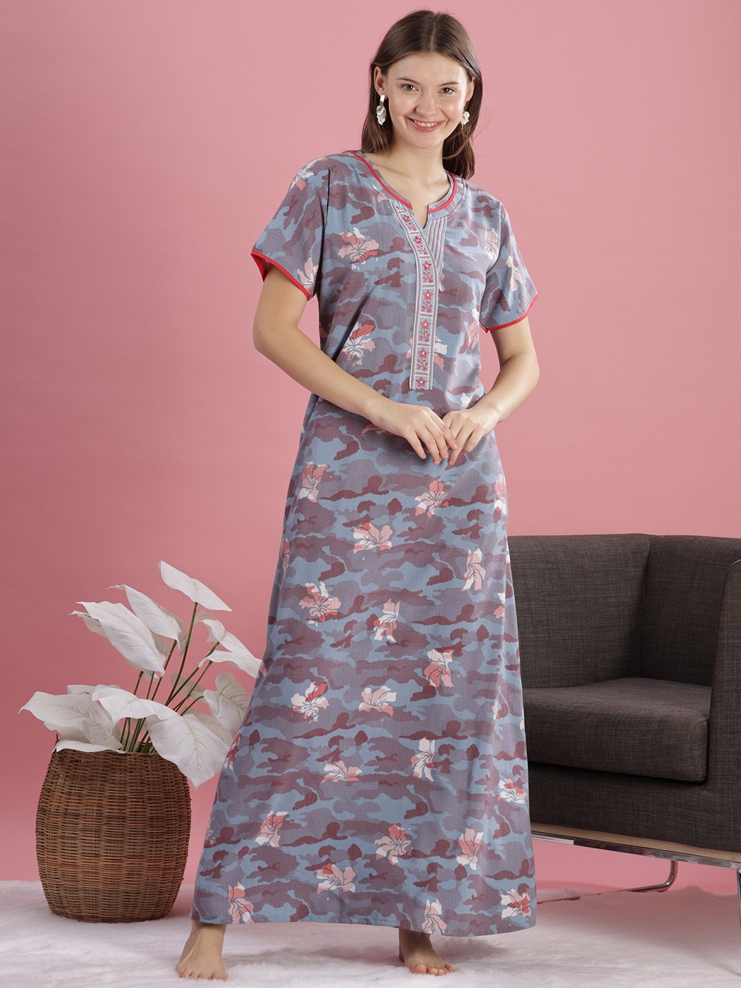 

9shines Label Women Printed Maxi Nightdress, Blue
