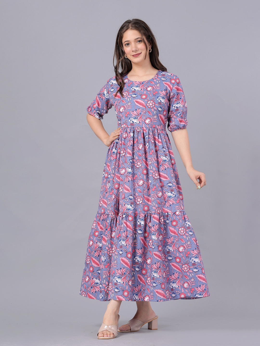 

SHOPAXIS Women Floral Printed Pure Cotton Fit & Flare Maxi Dress, Grey