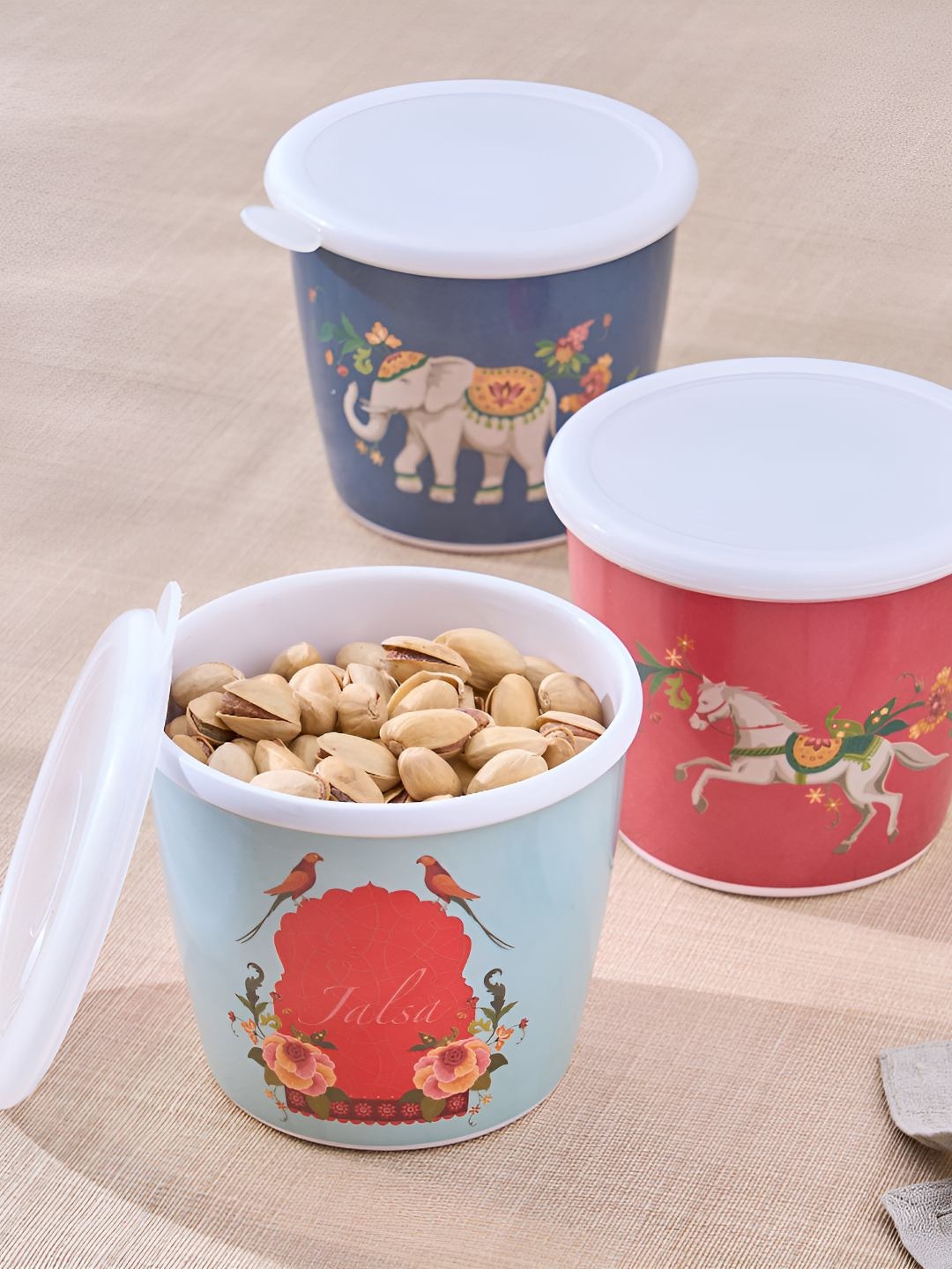 

Home Centre Jalsa Blue 3 Pieces Printed Melamine Canister Containers 650 ml each