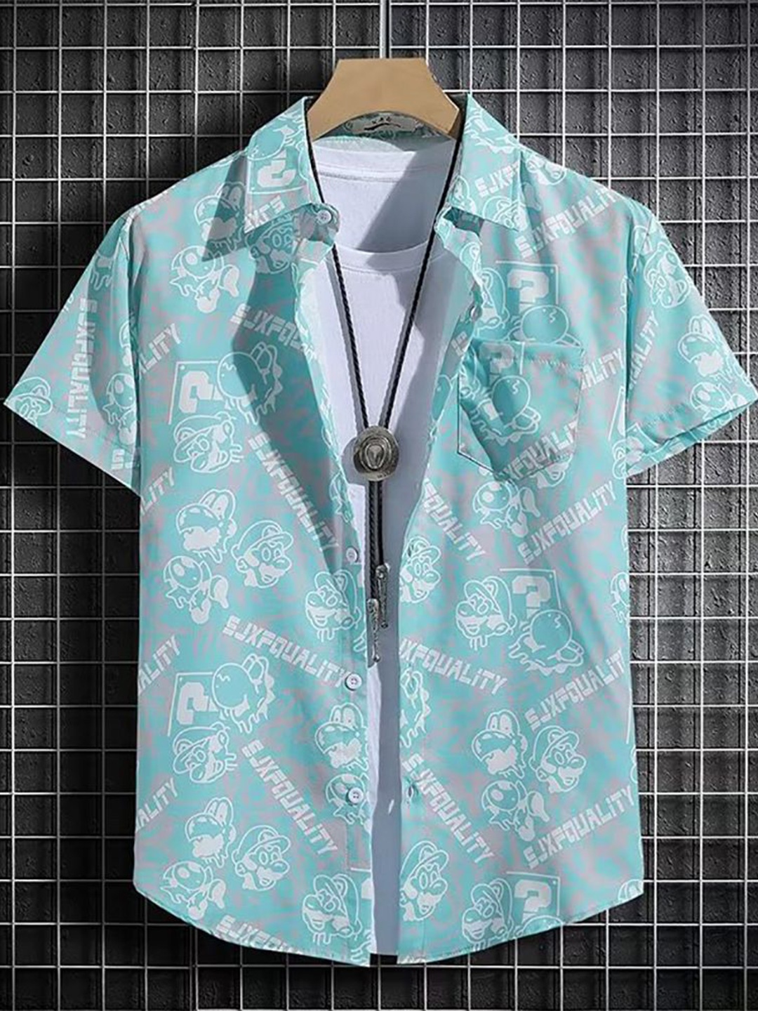 

StyleCast x Revolte Men Spread Collar Conversational Printed Casual Shirt, Turquoise blue