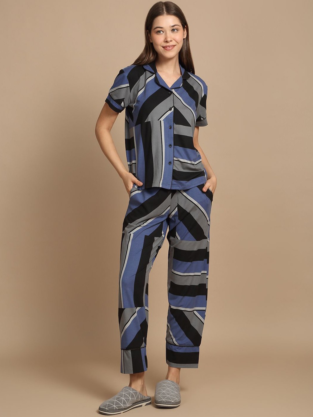

Sweet Dreams Women Striped Printed Night suit, Black