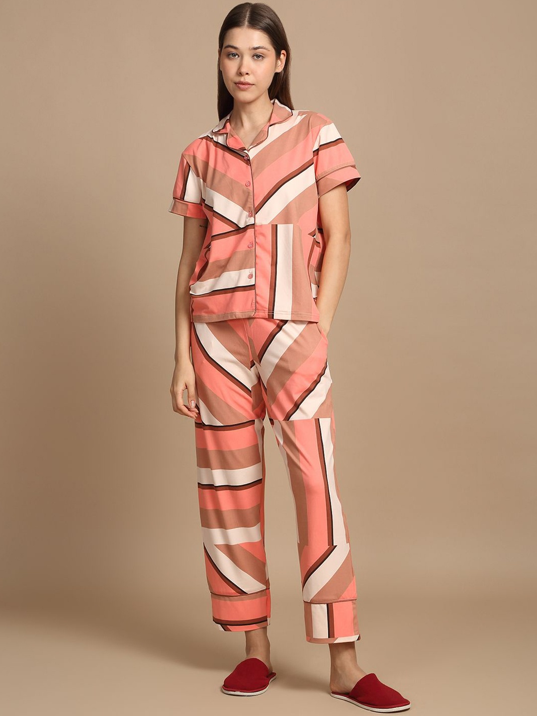 

Sweet Dreams Women Striped Printed Night suit, Brown