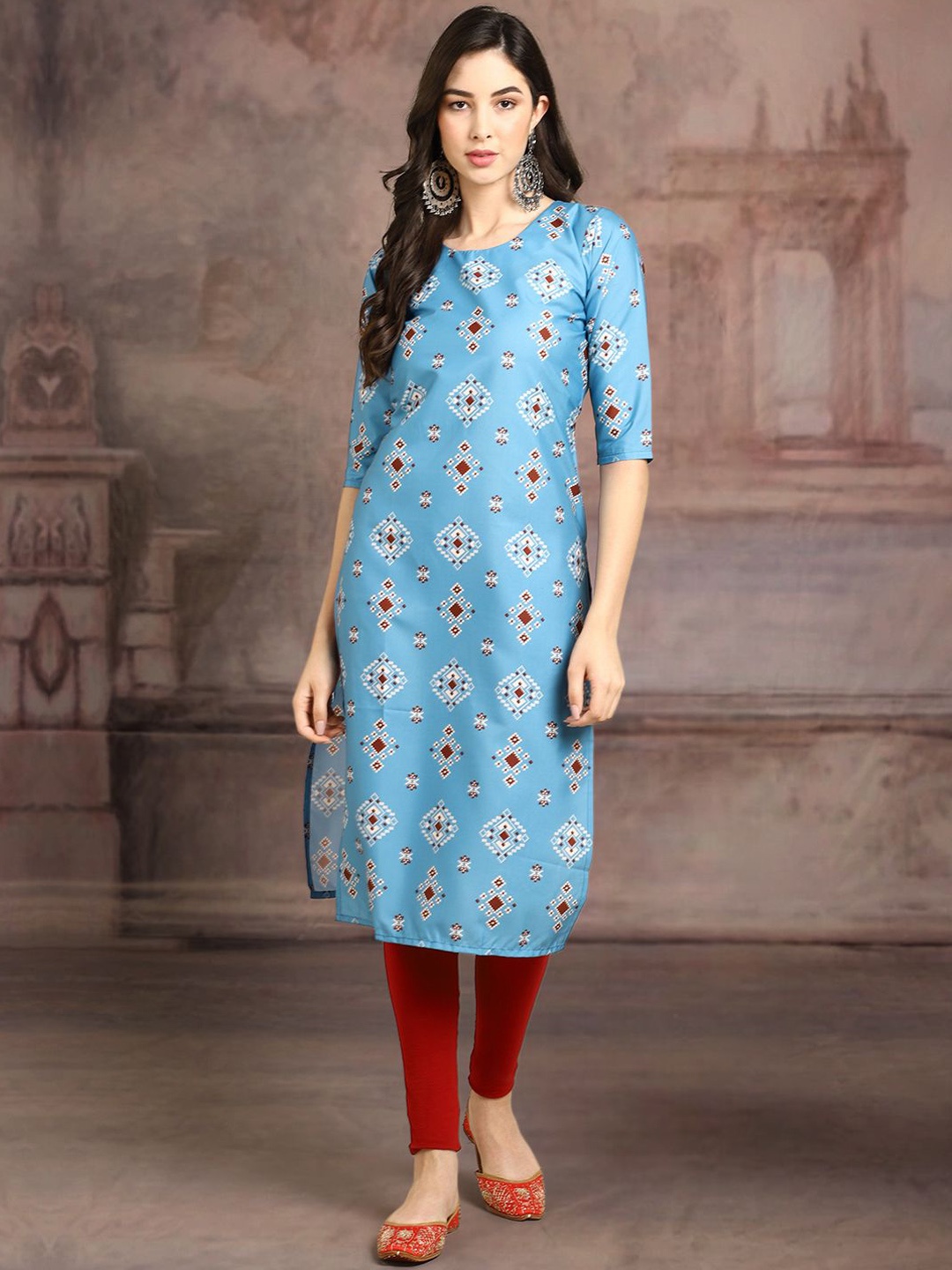 

7Threads Ethnic Motifs Printed Round Neck Straight Kurta, Blue