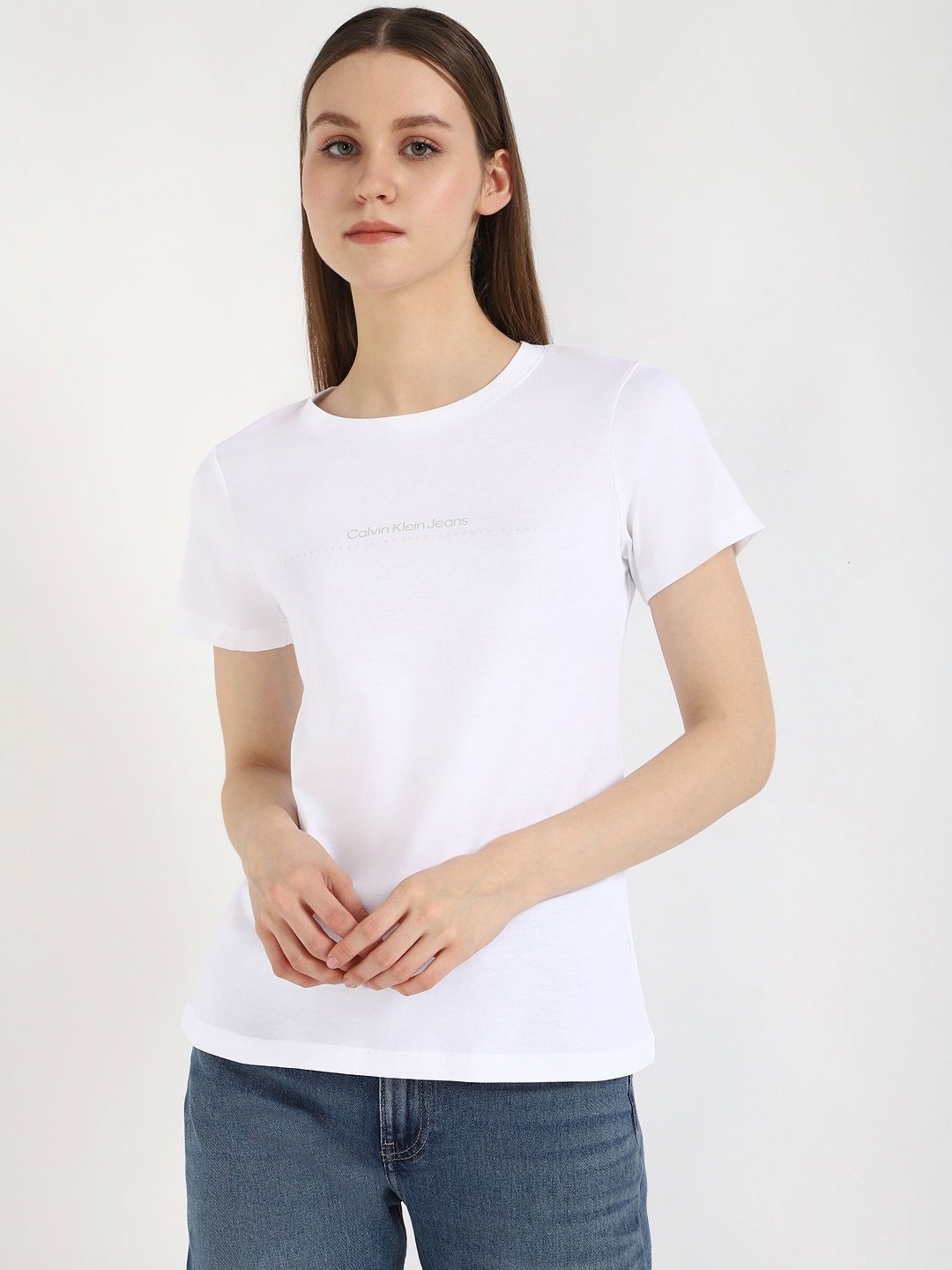 

Calvin Klein Jeans Women Typography Printed Round Neck Cotton T-shirt, White