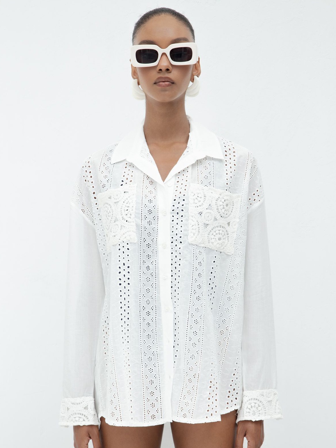 

Fashion Gaiia Women Spread Collar Textured Cotton Casual Shirt, White