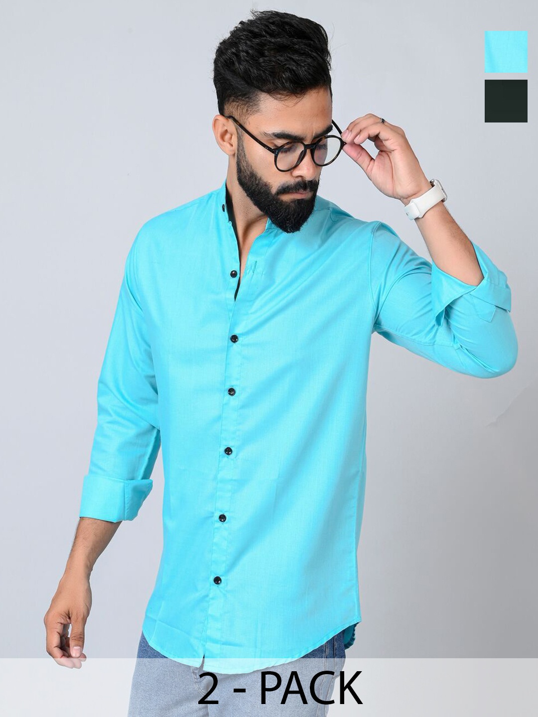 

Tanip Men Pack Of 2 Band Collar Solid Cotton Casual Shirts, Turquoise blue