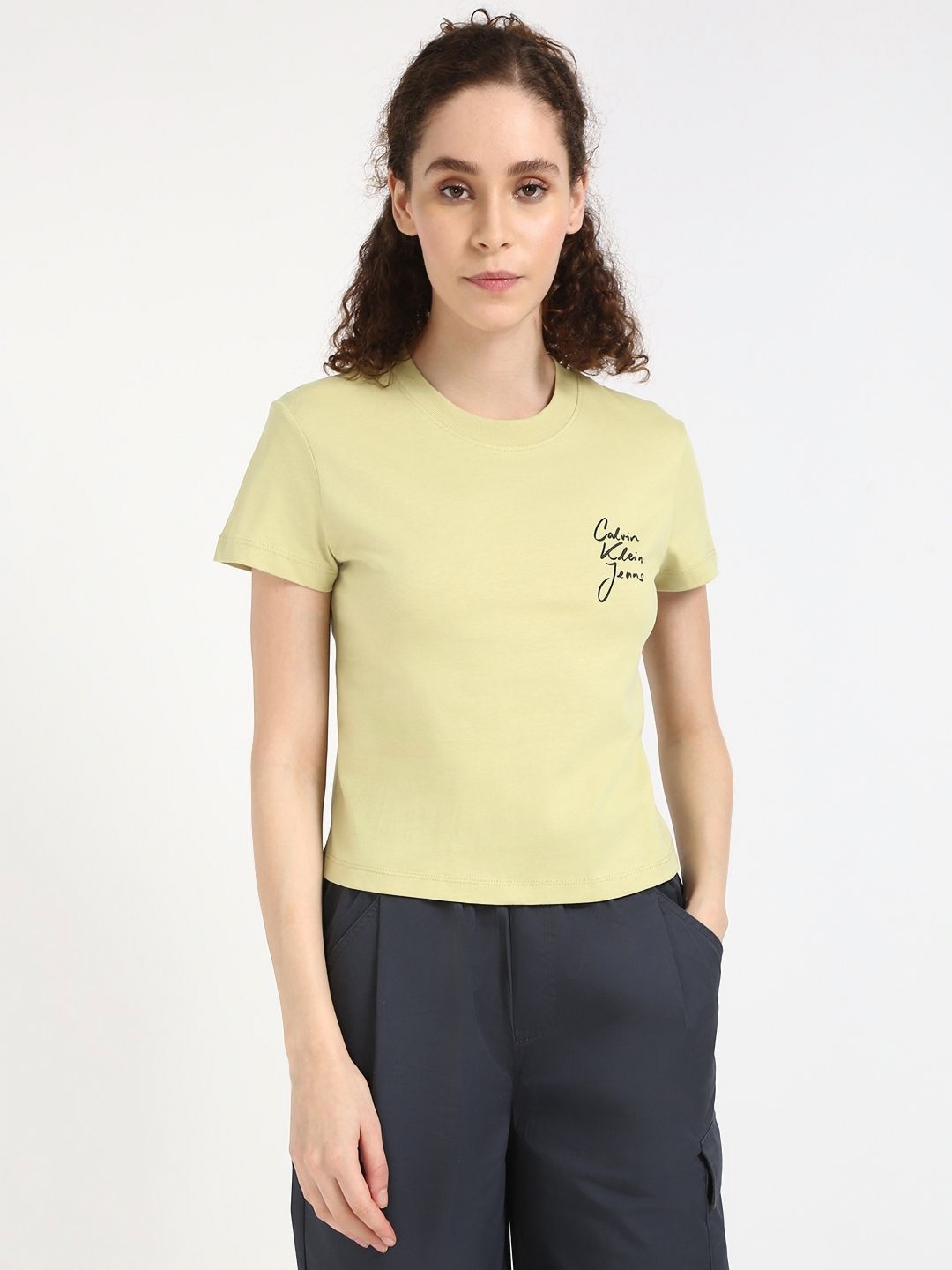 

Calvin Klein Jeans Women Typography Printed Round Neck Cotton T-shirt, Yellow
