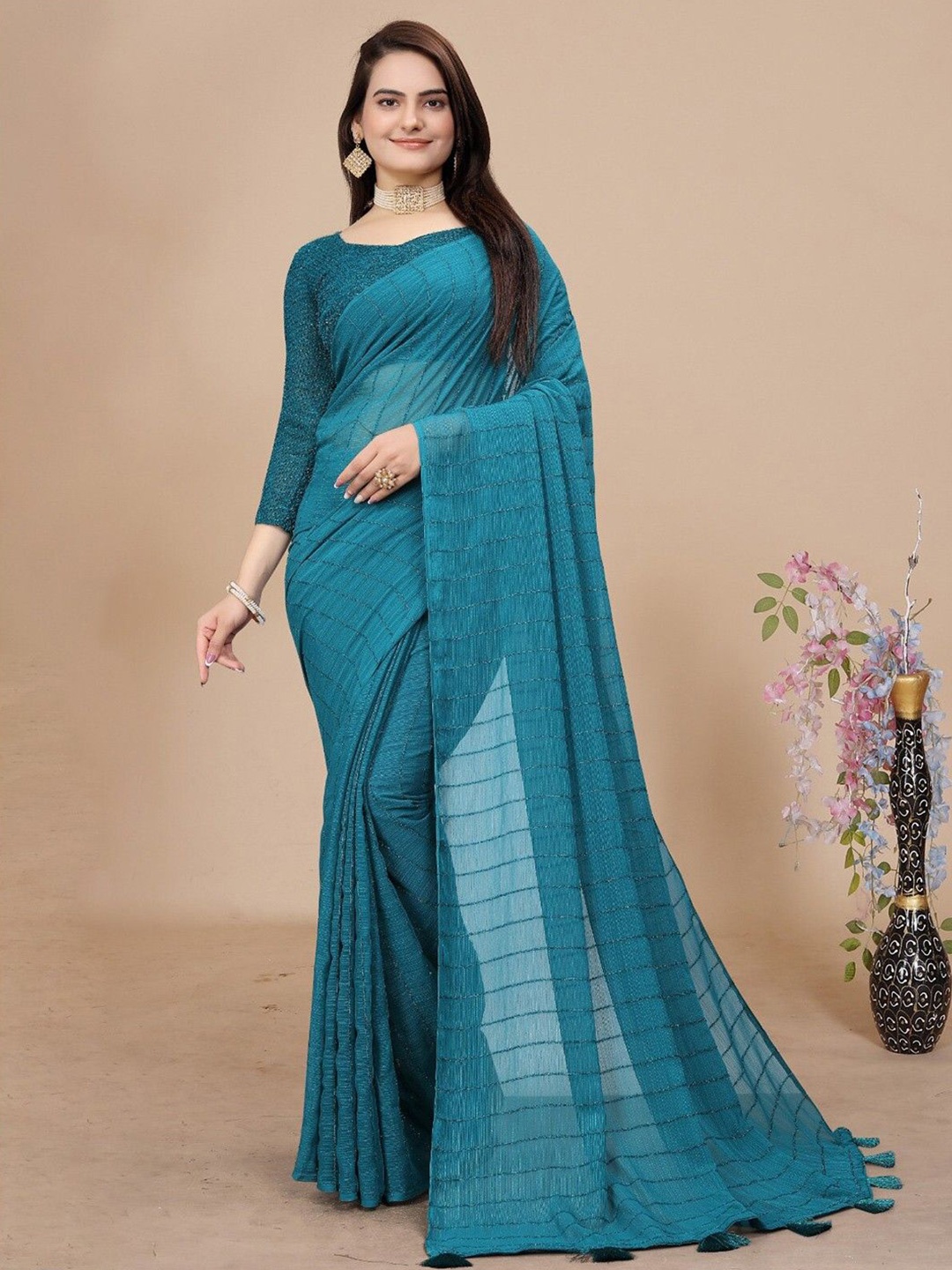

LADY SHOPI Embellished Striped Pure Chiffon Saree, Blue