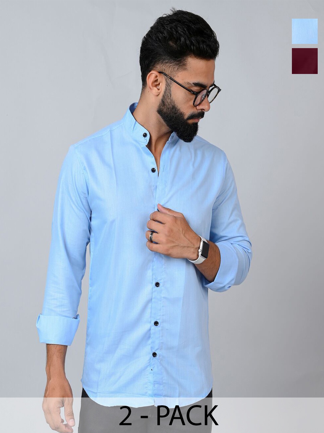 

Tanip Men Pack Of 2 Band Collar Solid Cotton Casual Shirts, Maroon