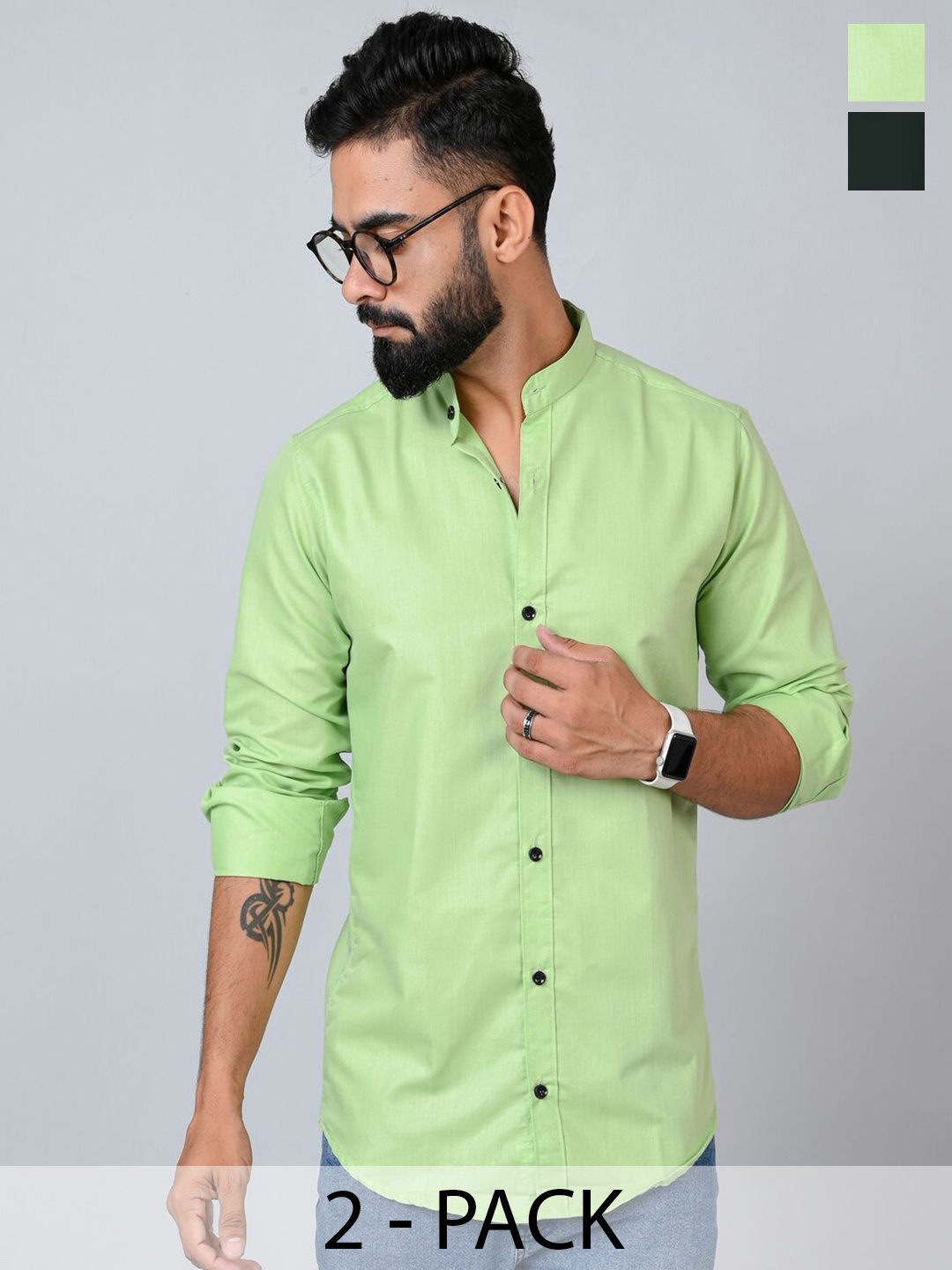 

Tanip Men Pack Of 2 Band Collar Solid Cotton Casual Shirts, Green