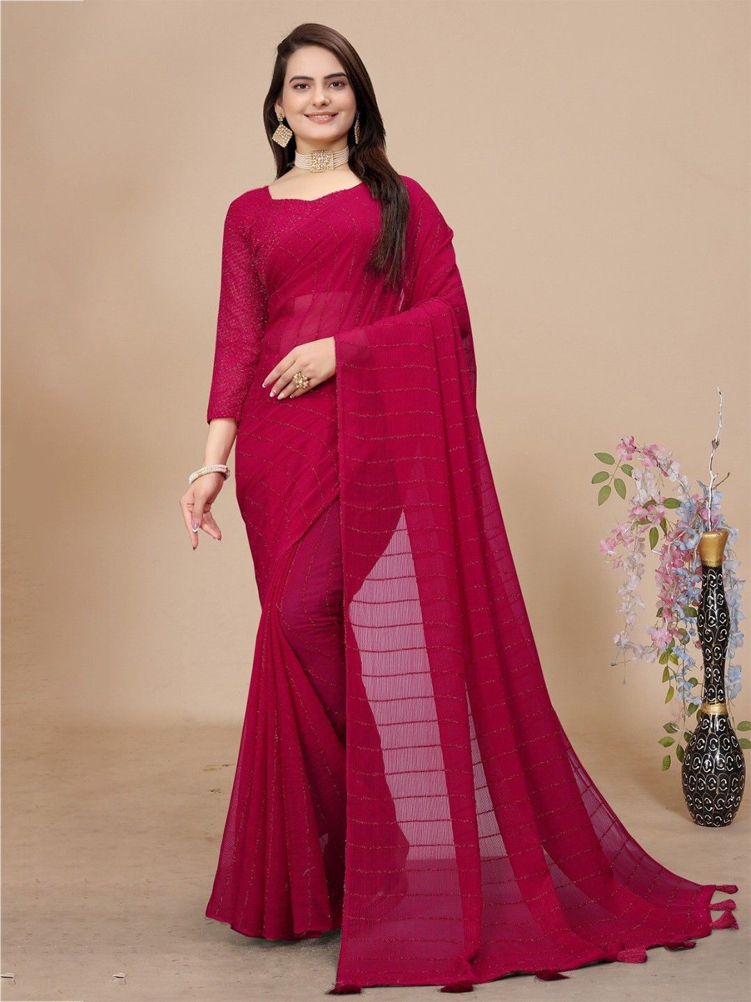 

LADY SHOPI Embellished Striped Pure Chiffon Saree, Pink