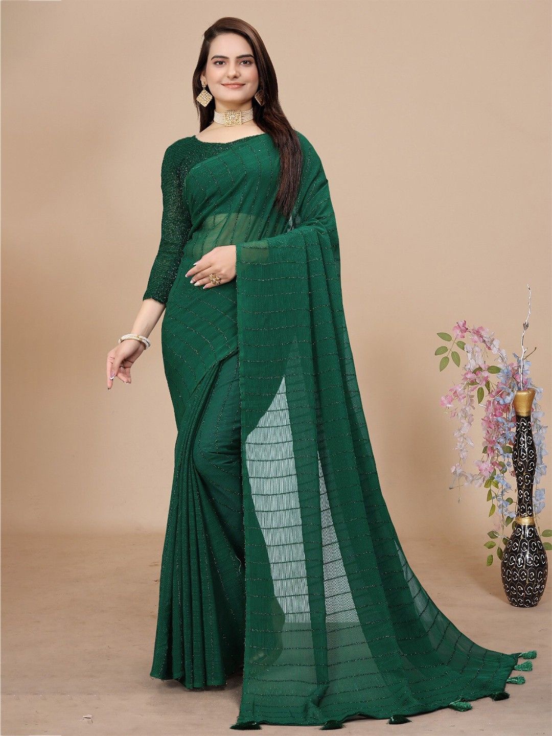 

LADY SHOPI Embellished Striped Pure Chiffon Saree, Green