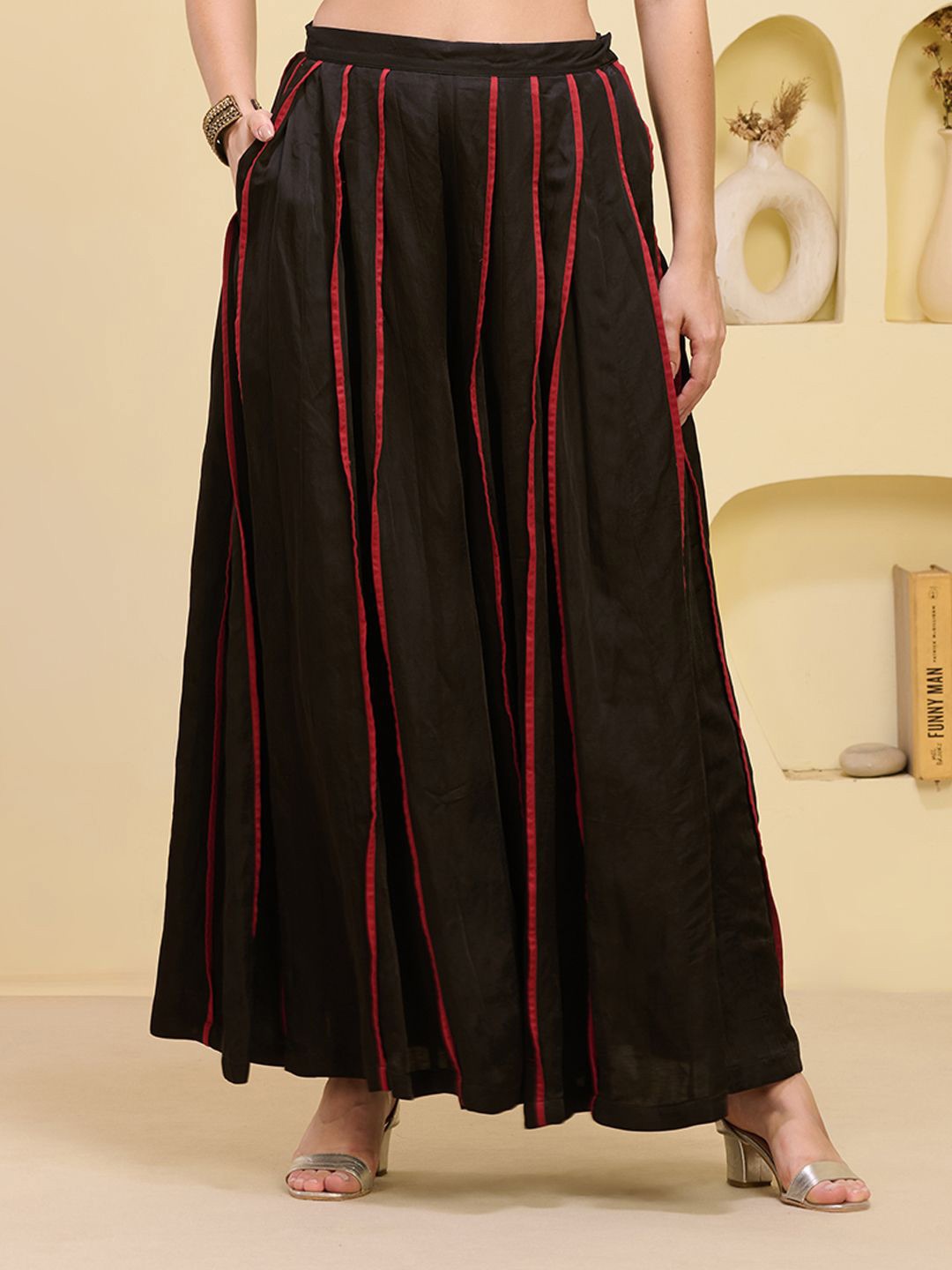 

First Resort by Ramola Bachchan Women Striped Linen Palazzos, Black