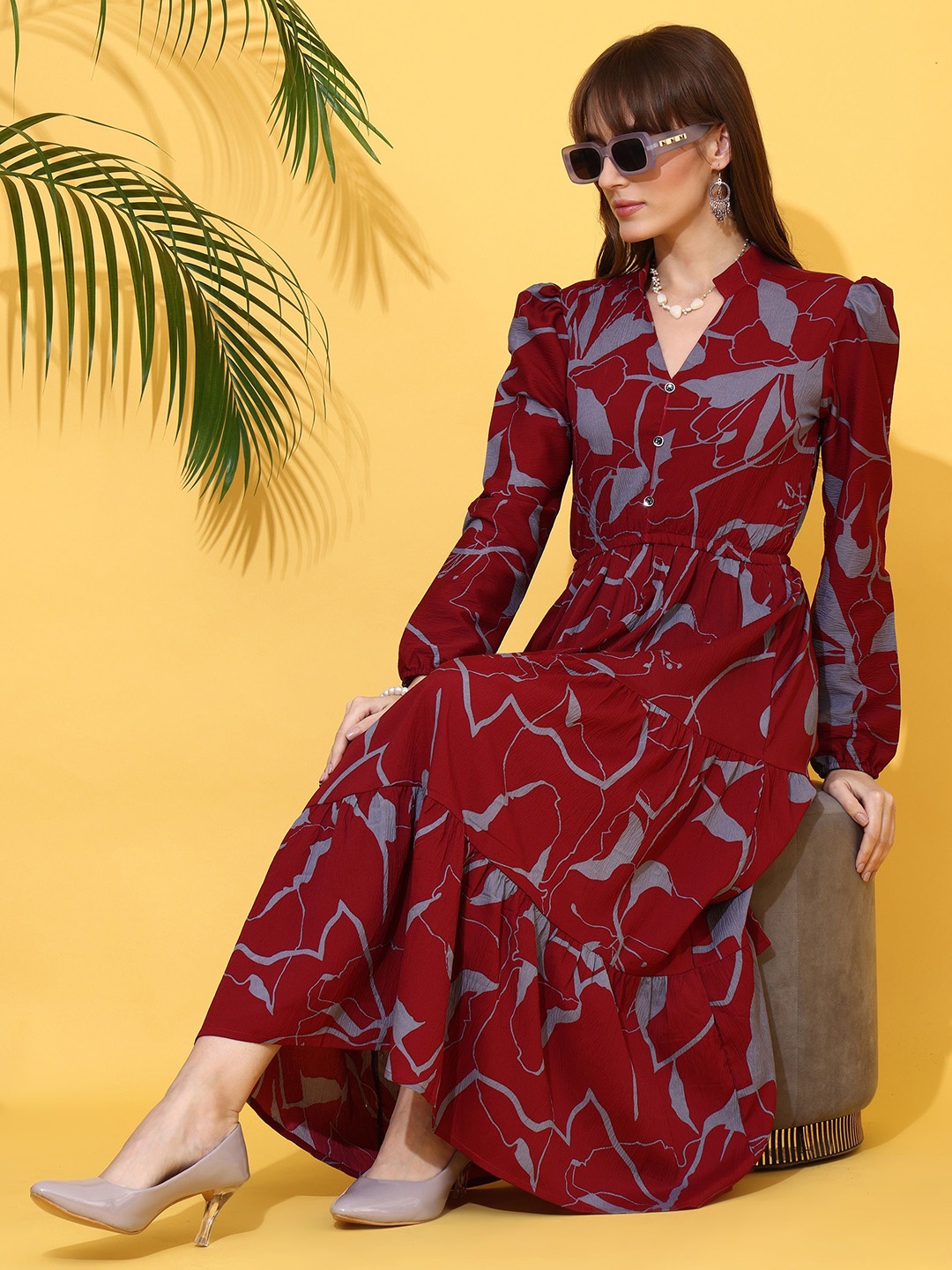 

SHEETAL Associates Women Floral Printed Fit & Flare Midi Dress, Maroon