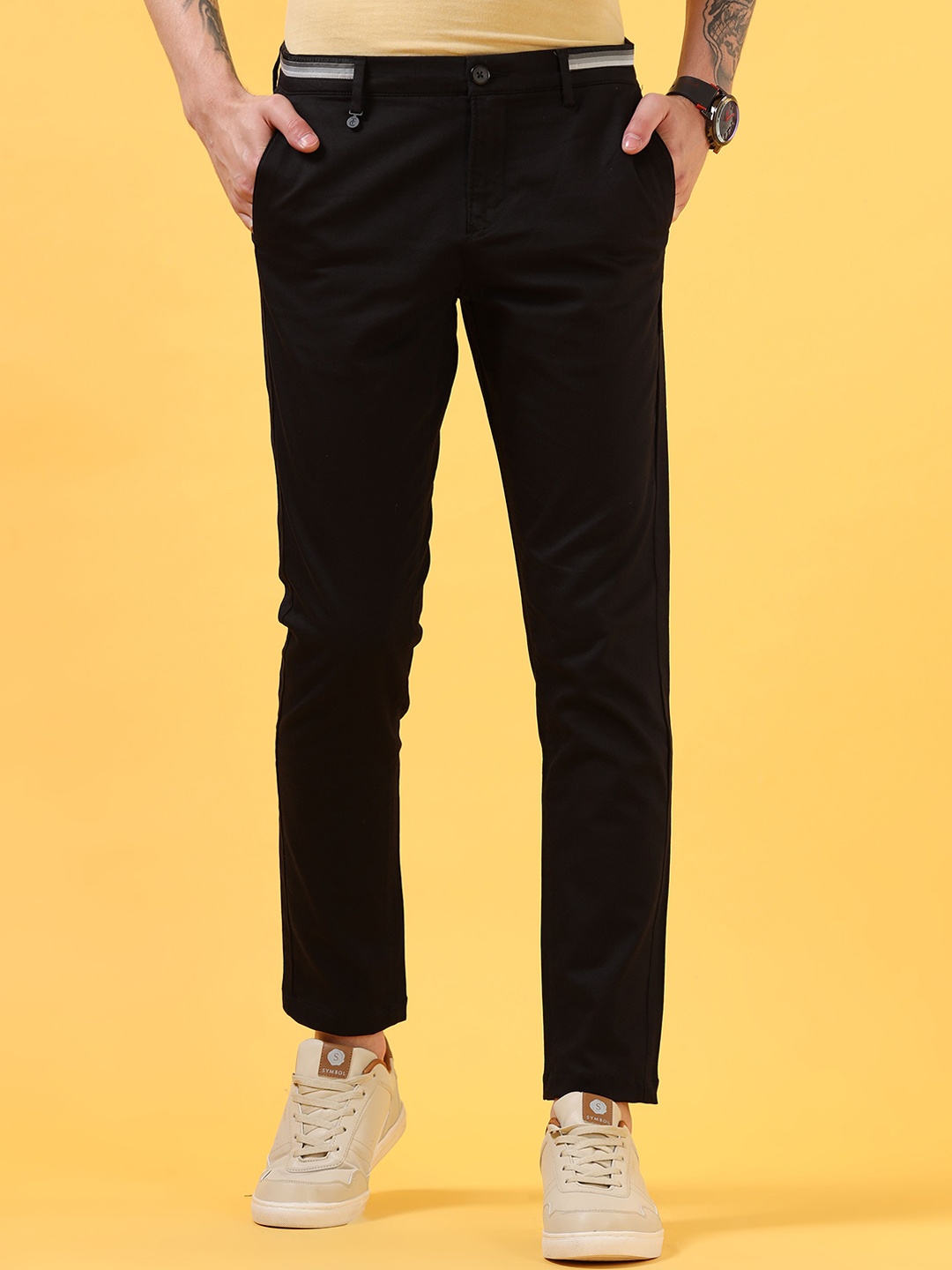 

THINC Men Mid-Rise Slim Fit Cotton Trousers, Black