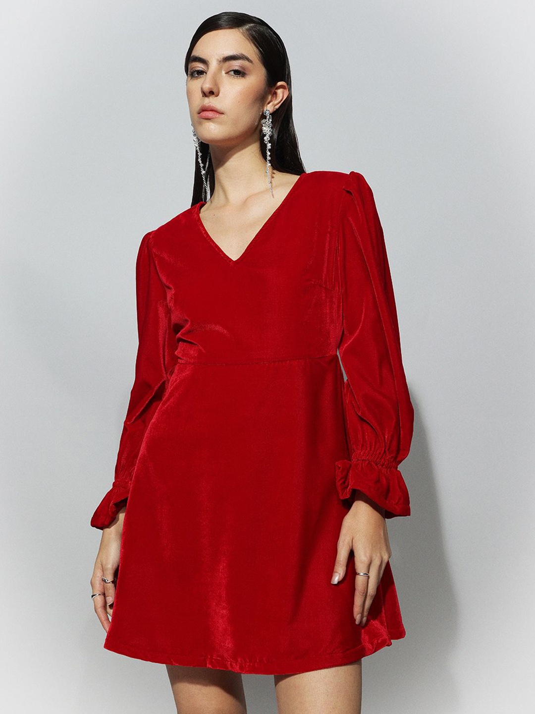 

H&M Balloon Sleeve Velvet Dress, Red